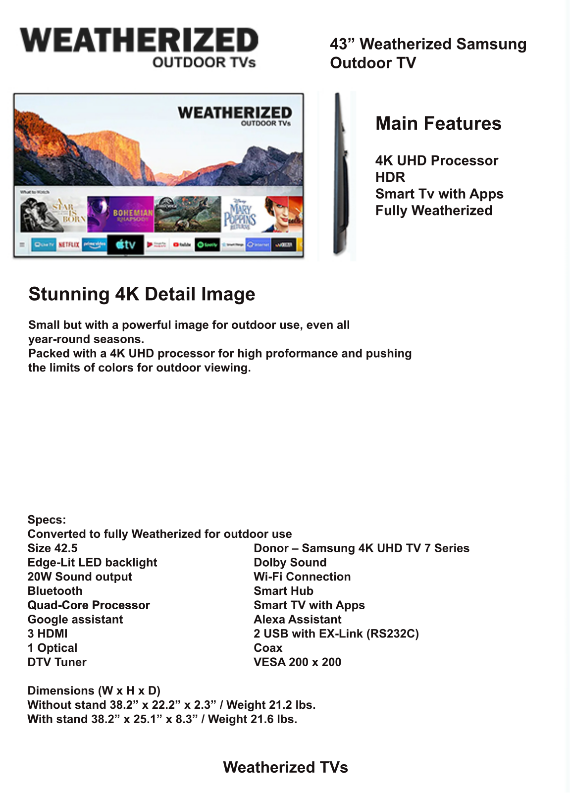 Weatherized TVs 43S7PWT, 43S7WT Specifications - ManualMachine.com