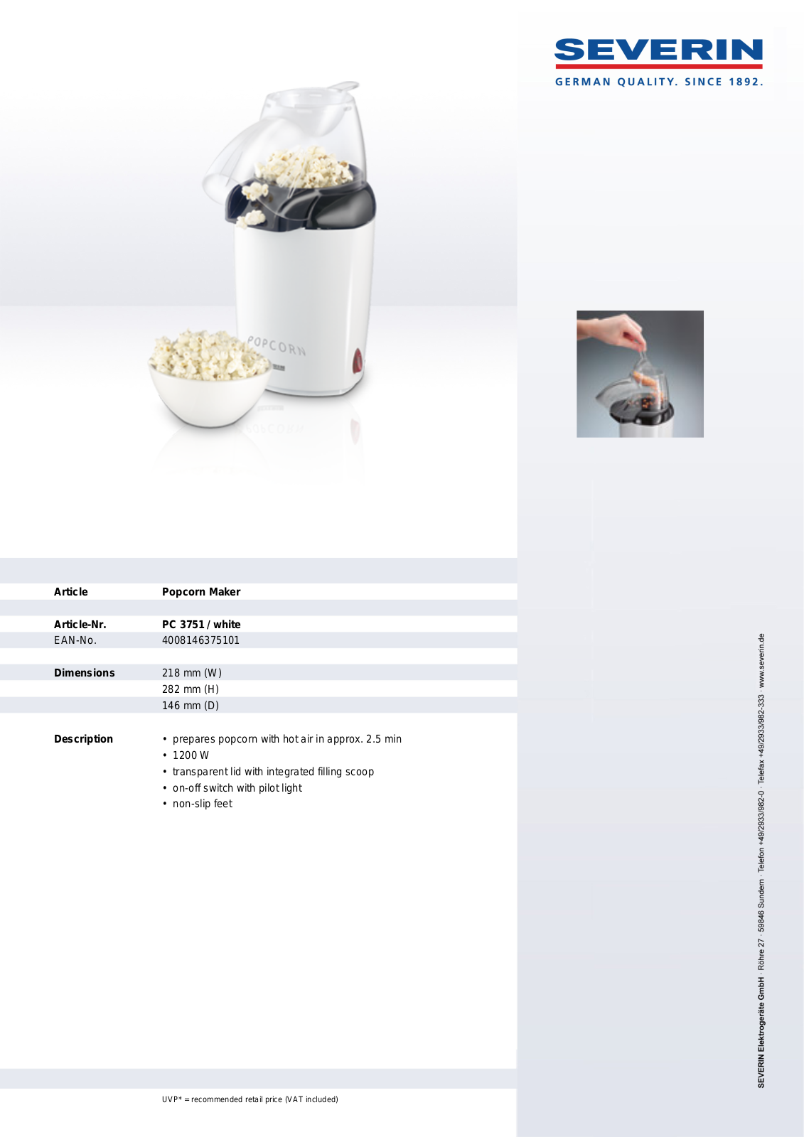 Severin PC 3751, POPCORN MAKER User Manual