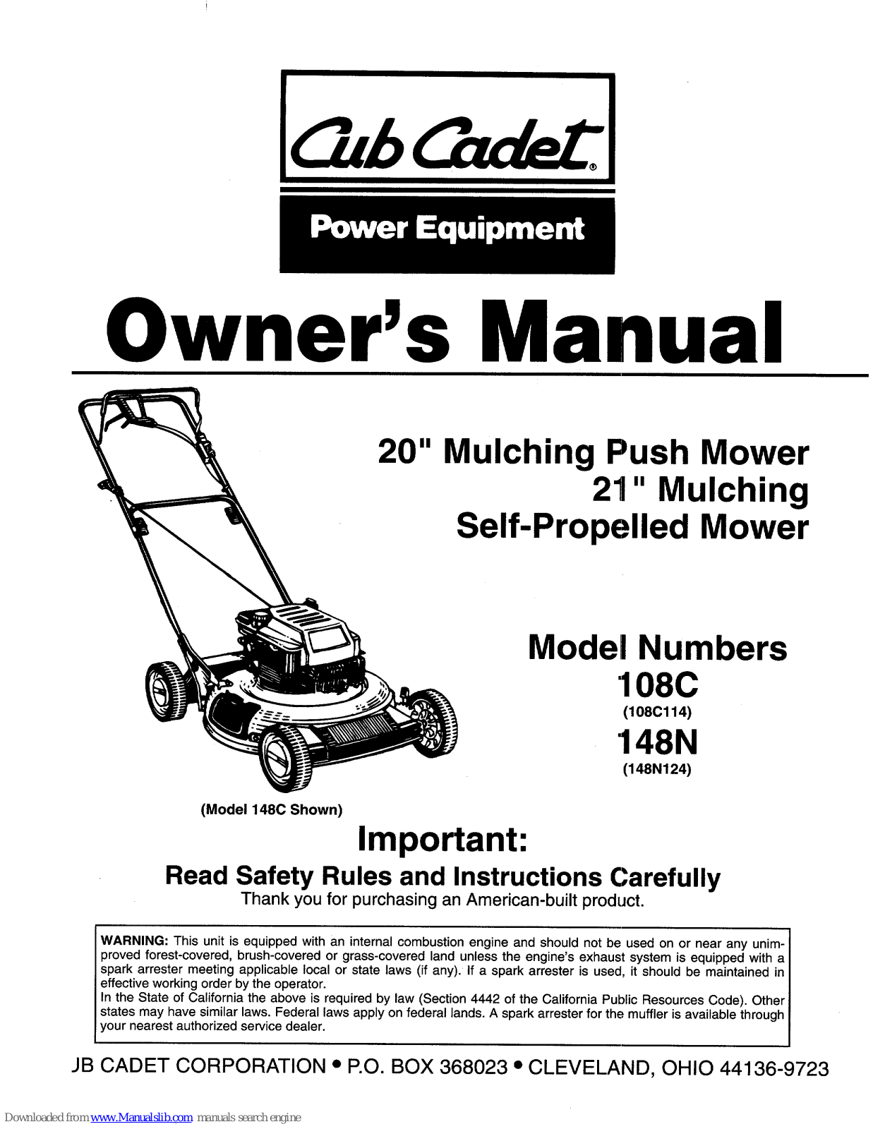 Cub Cadet 148N, 108C114, 148N124 Owner's Manual