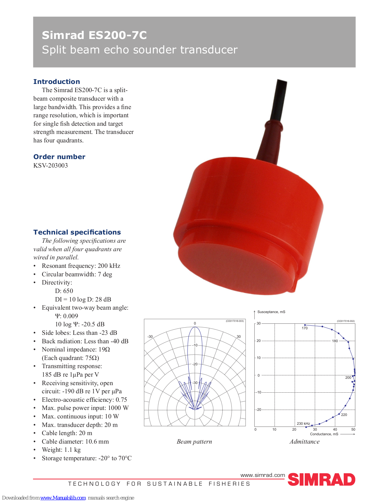 Simrad ES200-7C - DATASHEET REV E, KSV-203003 Datasheet