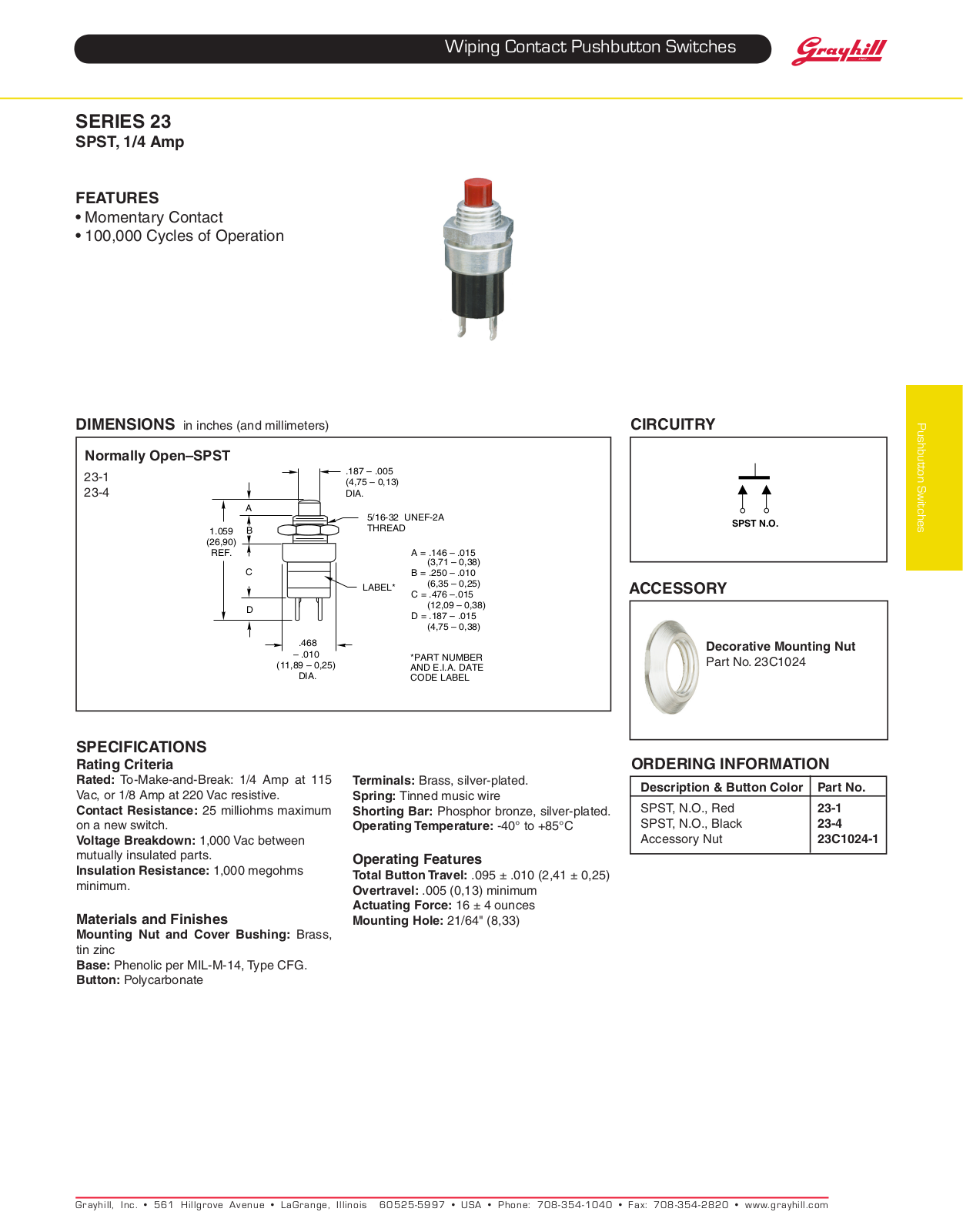 Grayhill Pushbutton switches Wiping Contacts 23 User Manual