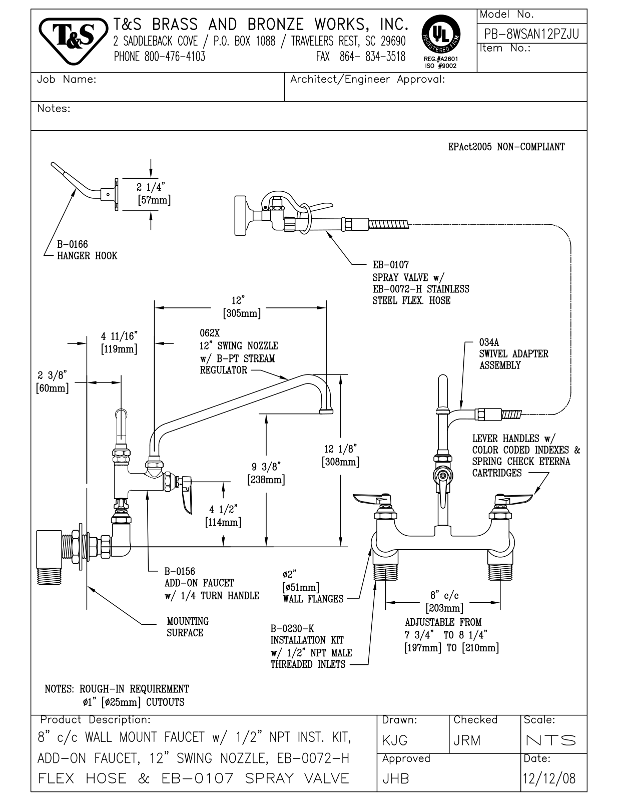 T&S Brass PB-8WSAN12PZJU User Manual