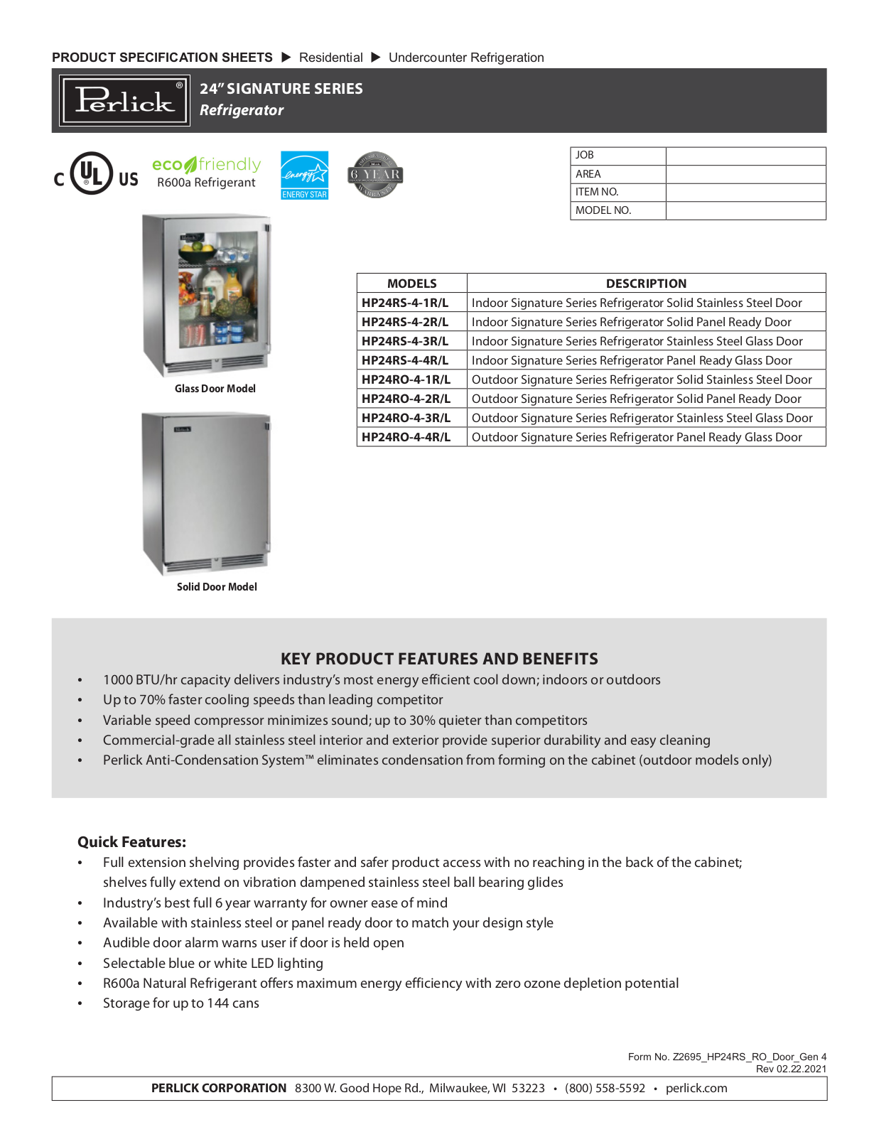 Perlick HP24RO-4-3L, HP24RS-4-3R, HP24RO-4-2R, HP24RS-4-1R, HP24RS-4-4L Specification Sheet