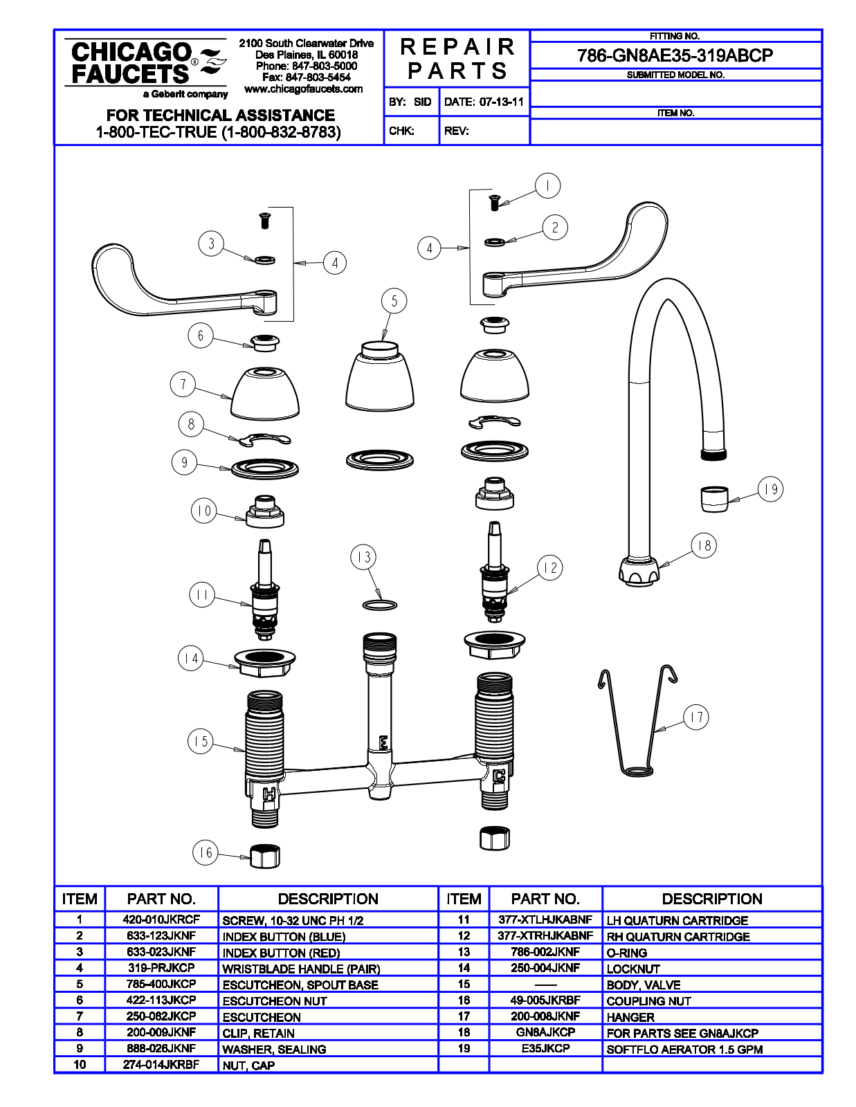 Chicago Faucet 786-GN8AE35-319AB Parts List