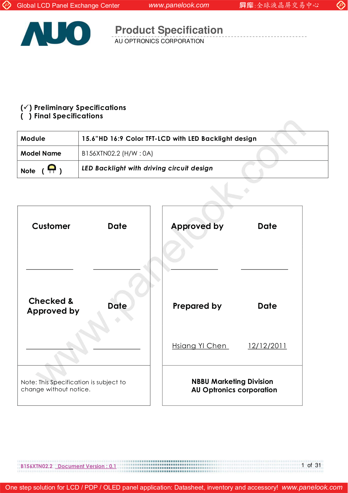 AUO B156XTN02.2 Specification