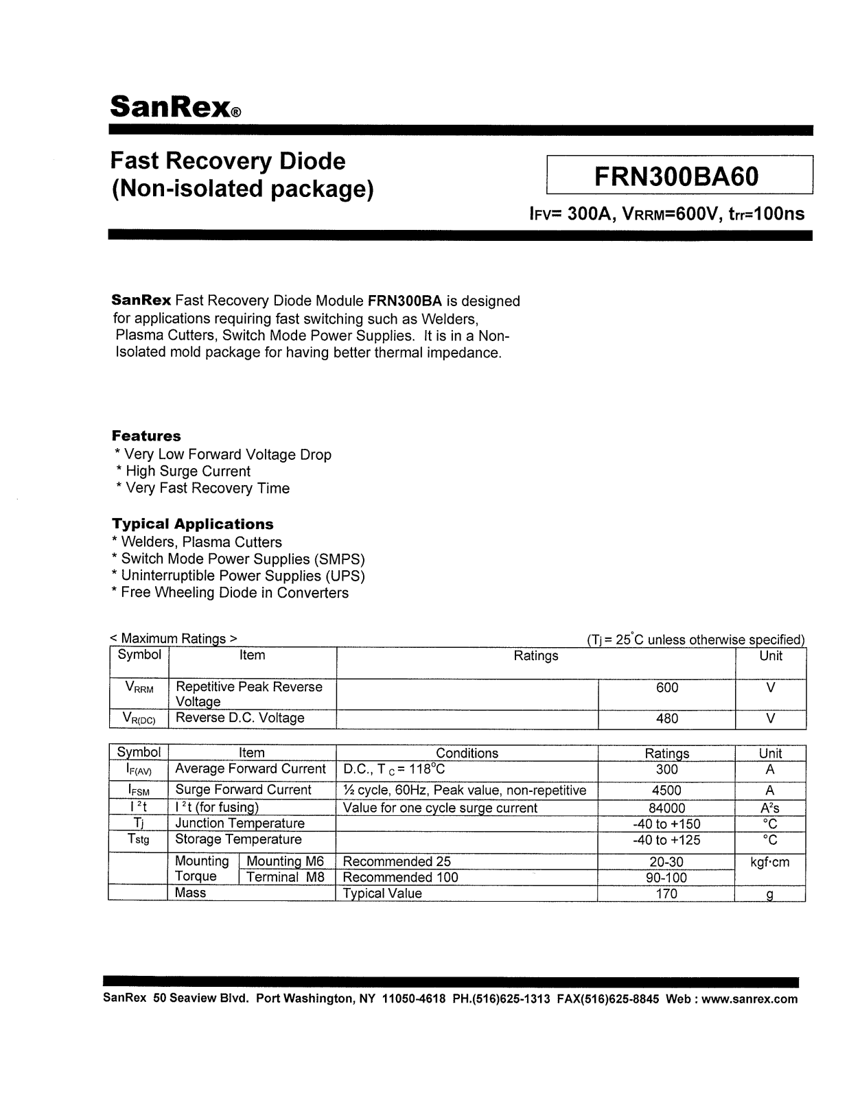 Sanrex-Sansha Electric Manufacturing FRN300BA60 Data Sheet