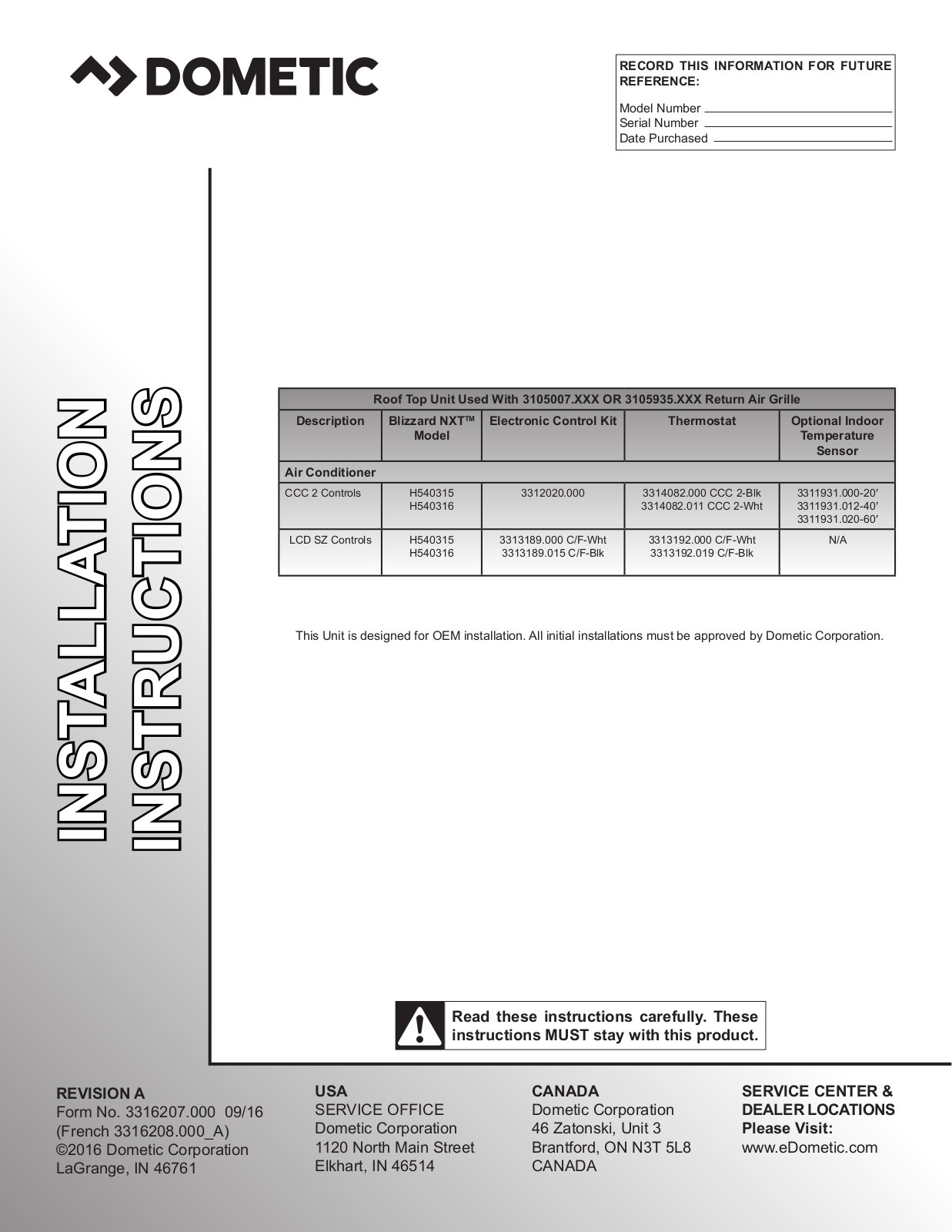 Dometic H540315.72X, H540316.72X Installation Instructions Manual