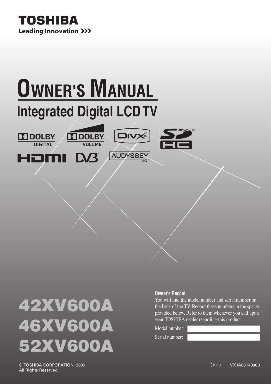 Toshiba 42XV600A, 52XV600A, 46XV600A User Manual