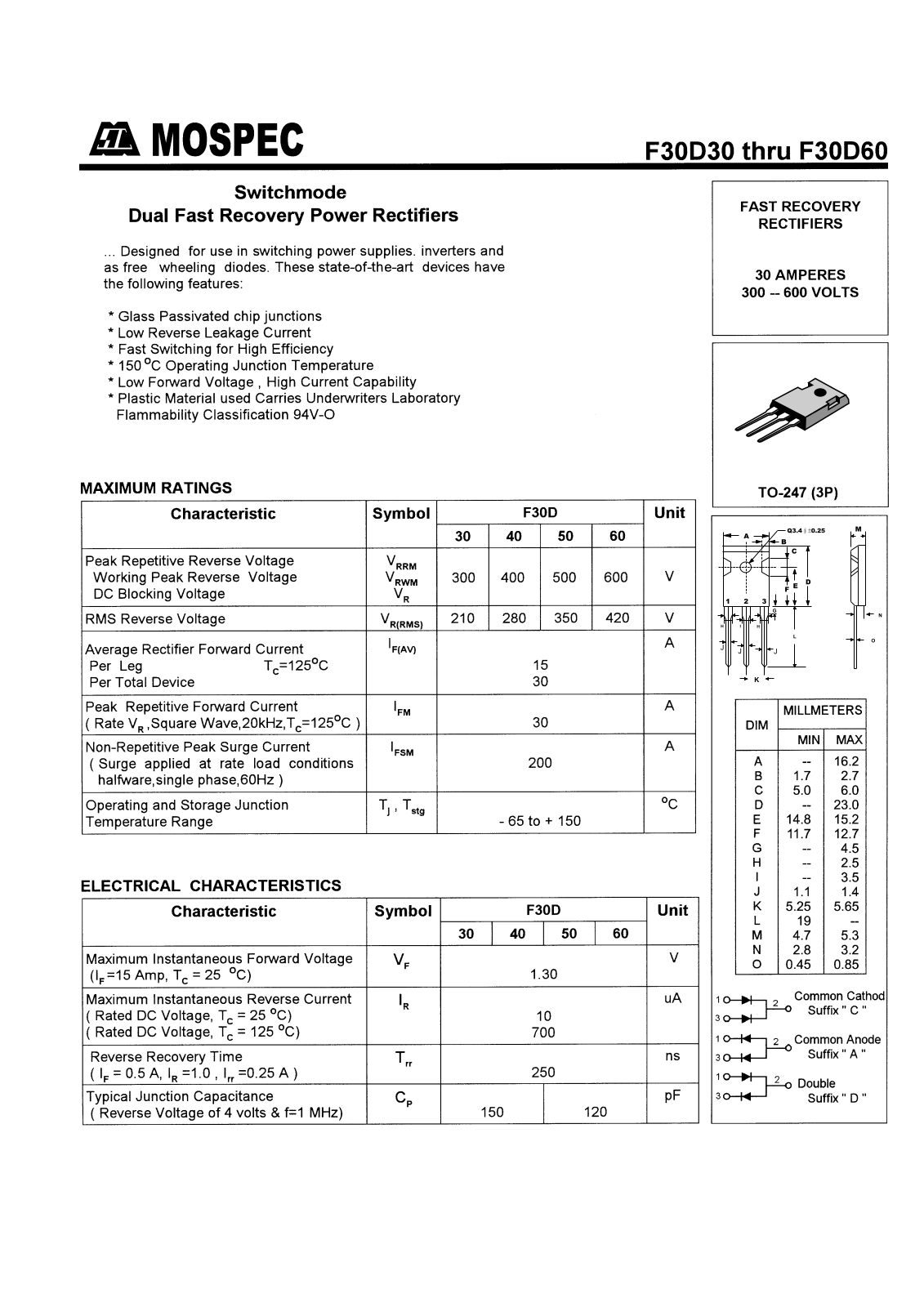 MOSPEC F30D50, F30D40, F30D30, F30D60 Datasheet