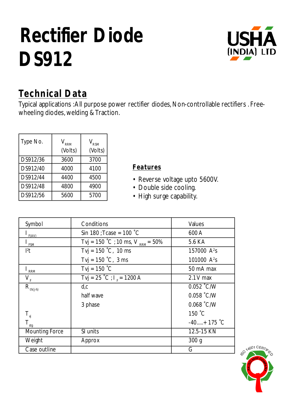 USHA DS912-44, DS912-40, DS912-36, DS912-56, DS912-48 Datasheet