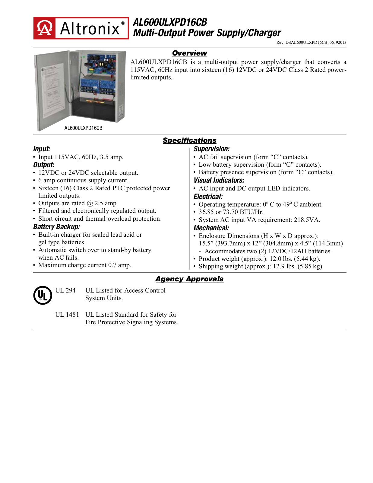 Altronix AL600ULXPD16CB Specsheet