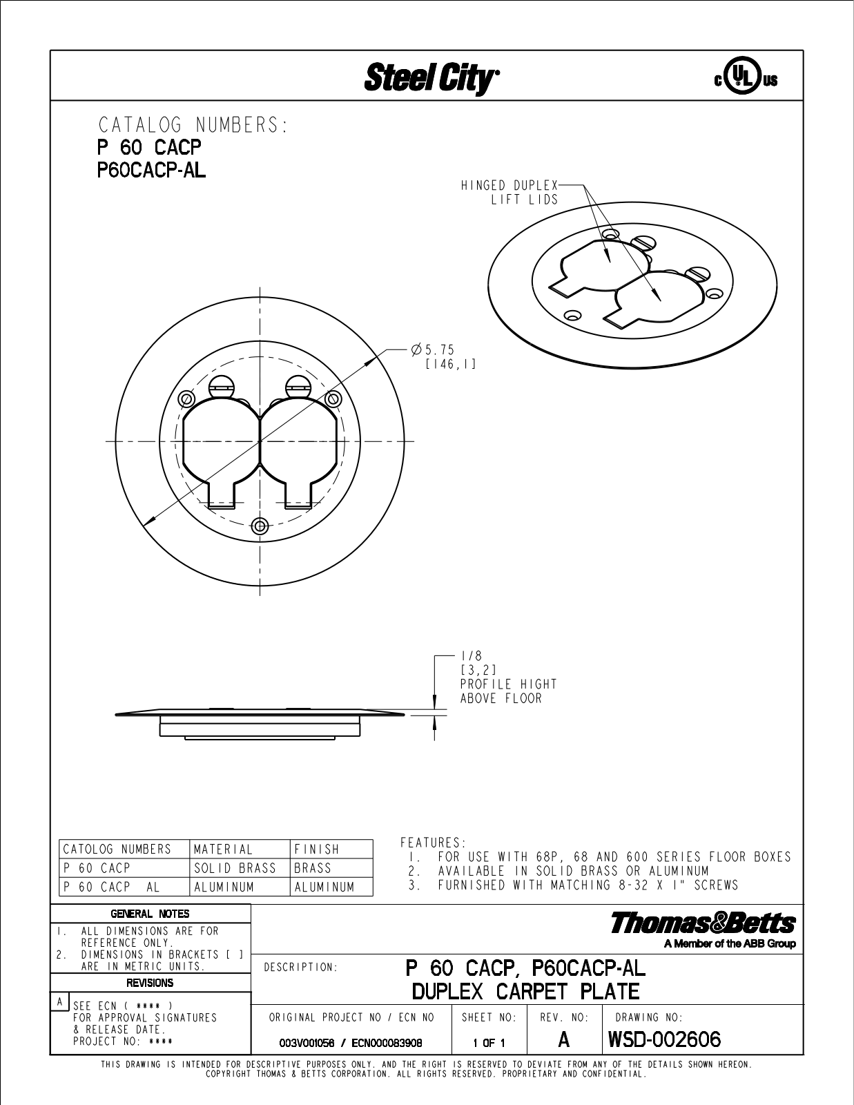 Thomas & Betts P60CACP-AL, P60CACP Reference Drawing - ManualMachine.com