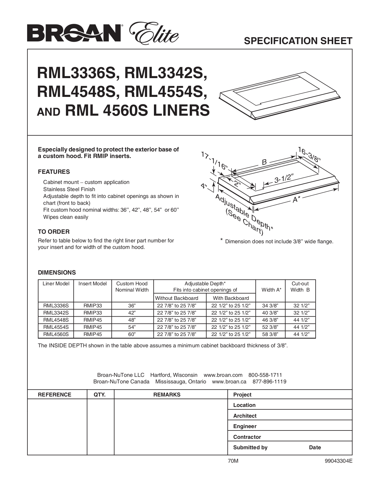 Broan RML4554S Specsheet