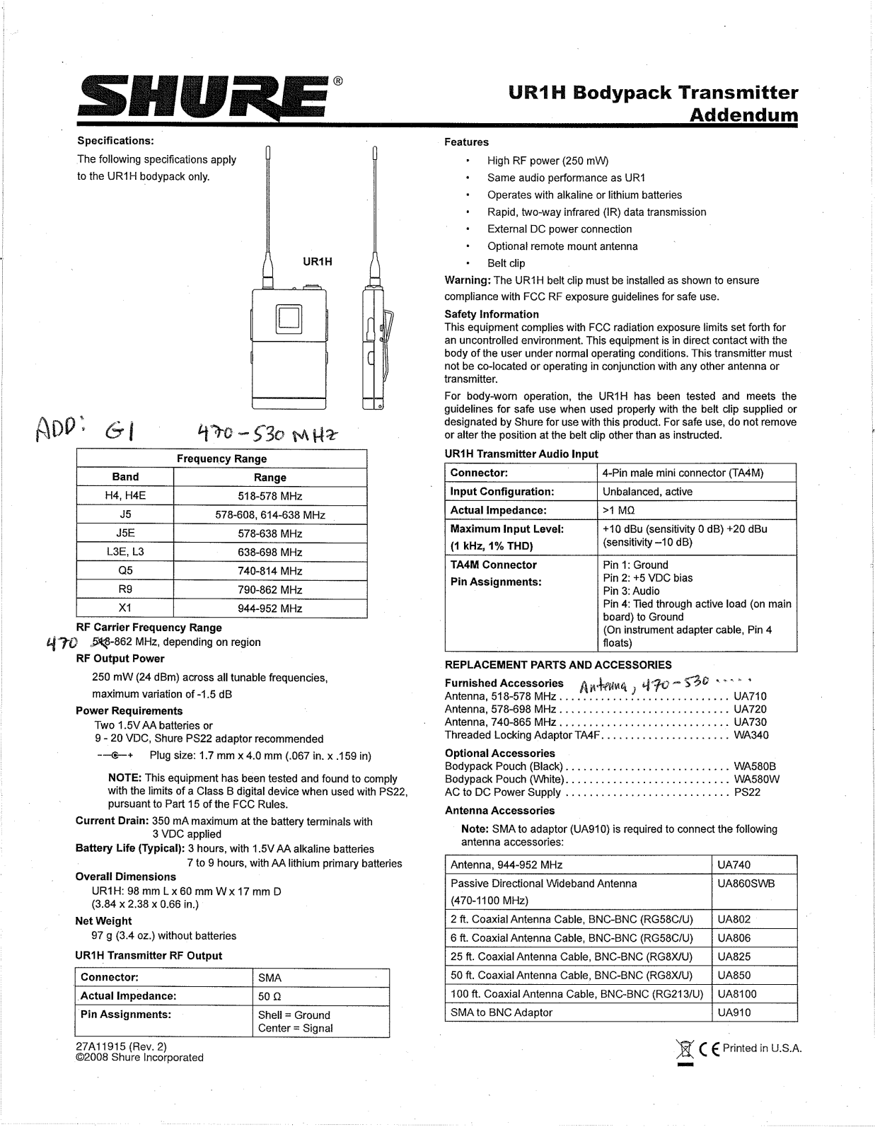 Shure orporated UR1HH Users manual