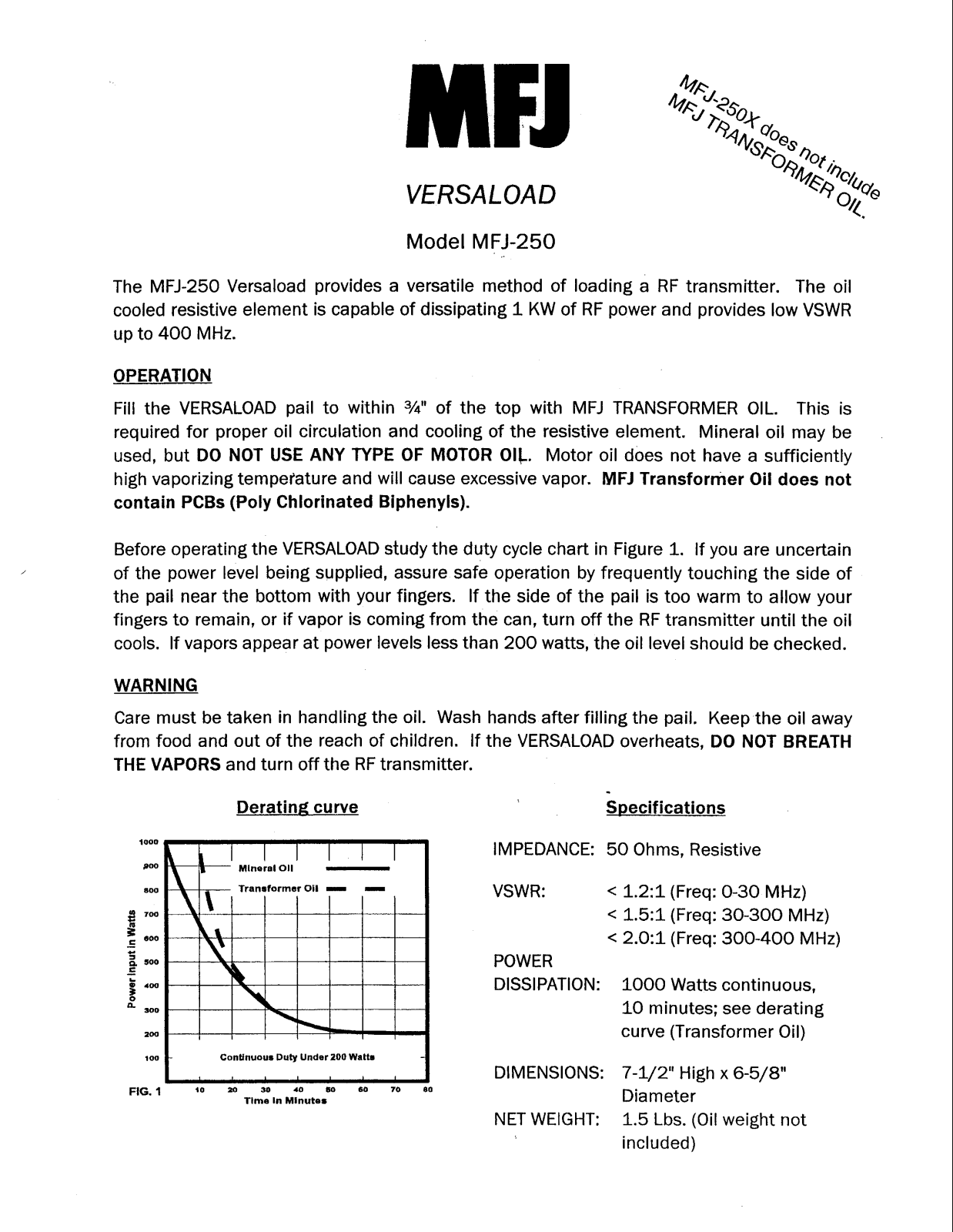 MFJ MFJ-250X, MFJ-250 User Manual