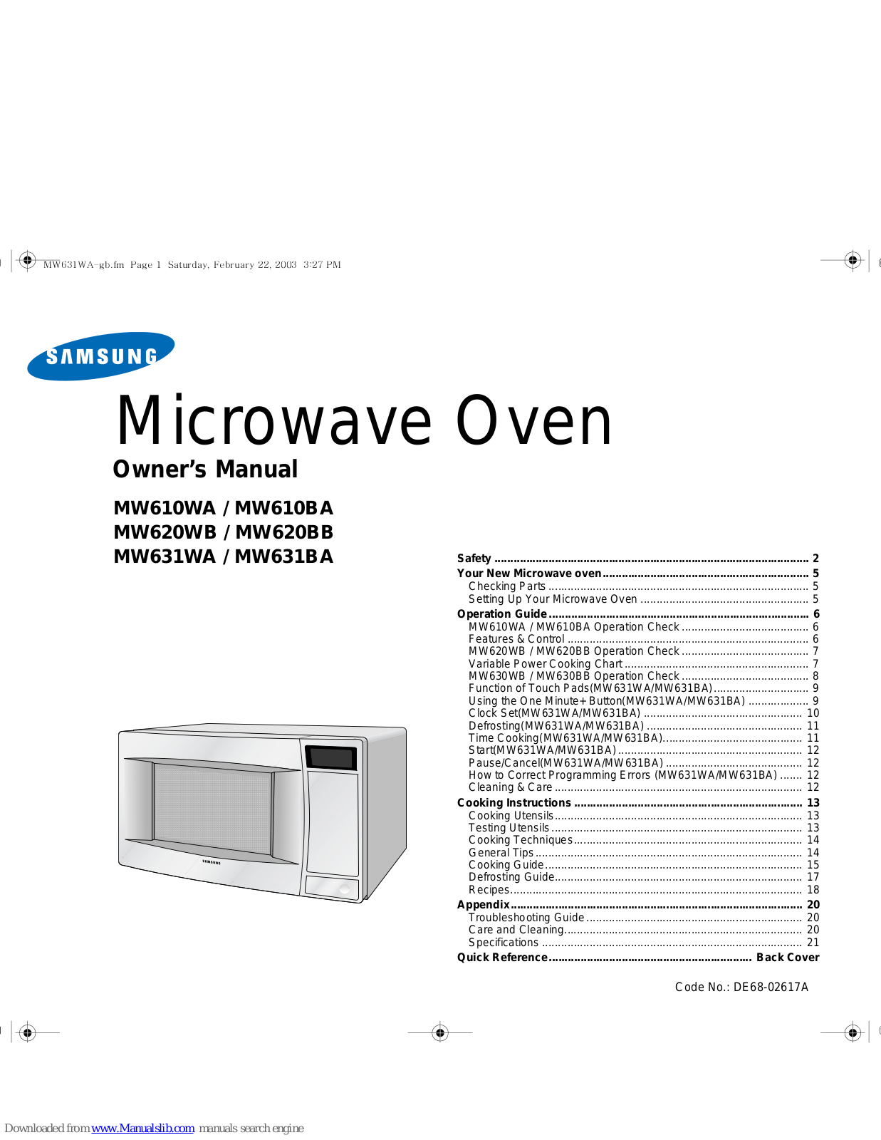 Samsung MW620BB, MW631BA, MW610WA, MW610BA, MW620WB Owner's Manual