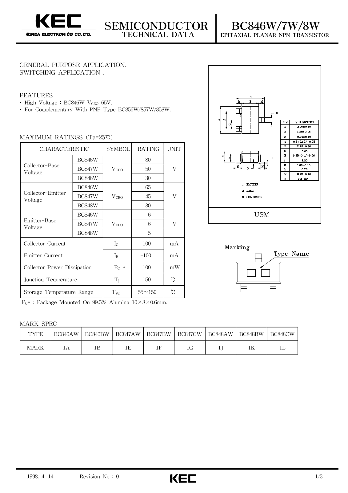 Korea Electronics Co  Ltd BC848CW, BC848BW, BC847BW, BC848AW, BC847CW Datasheet