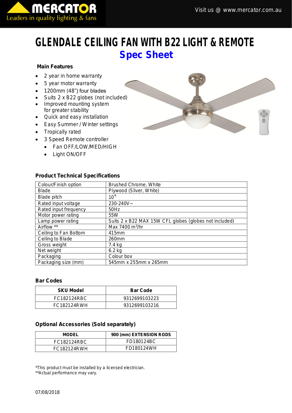 Mercator FC182124RBC, FC182124RWH Specifications Sheet