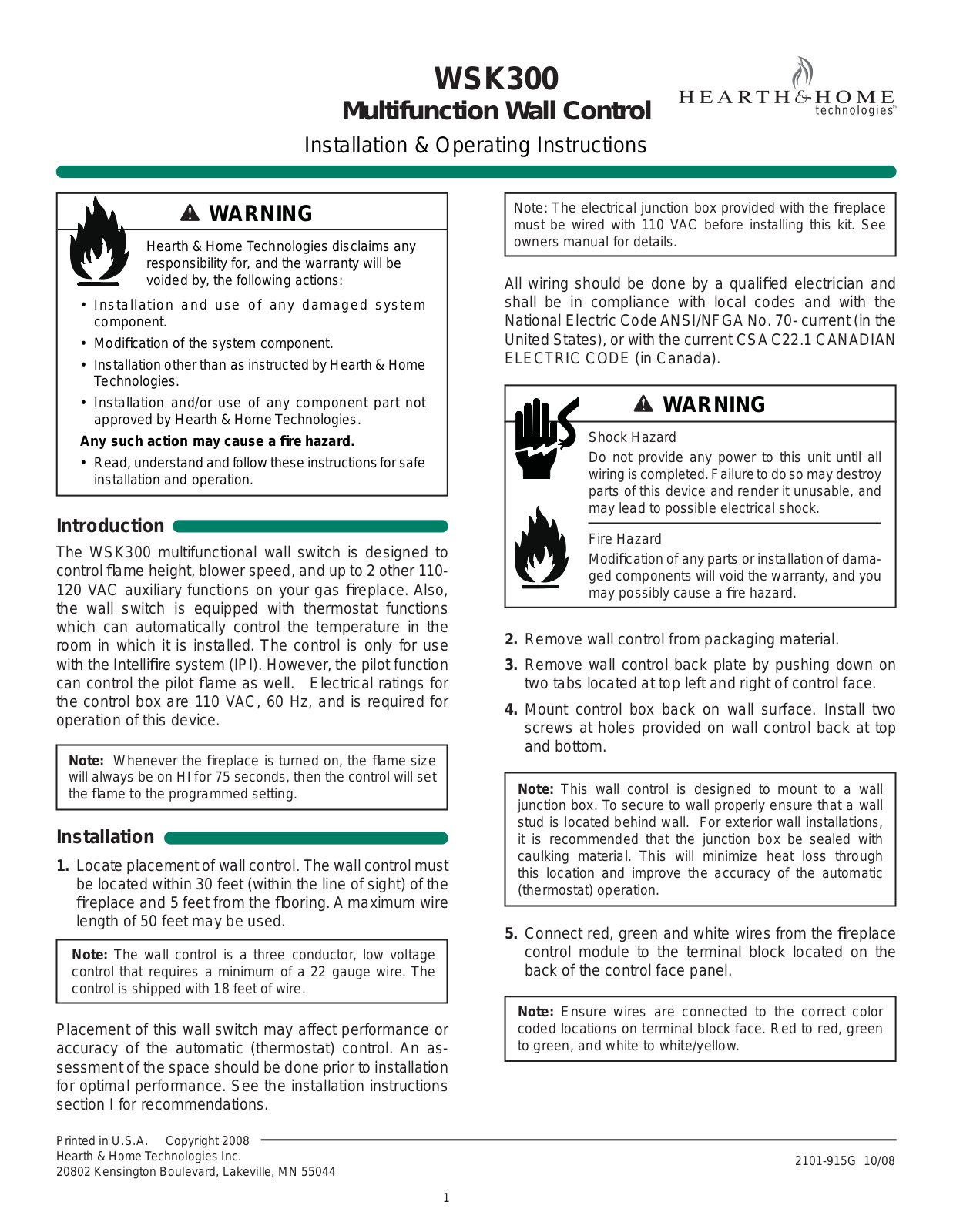 Hearth and Home Technologies WSK300 User Manual