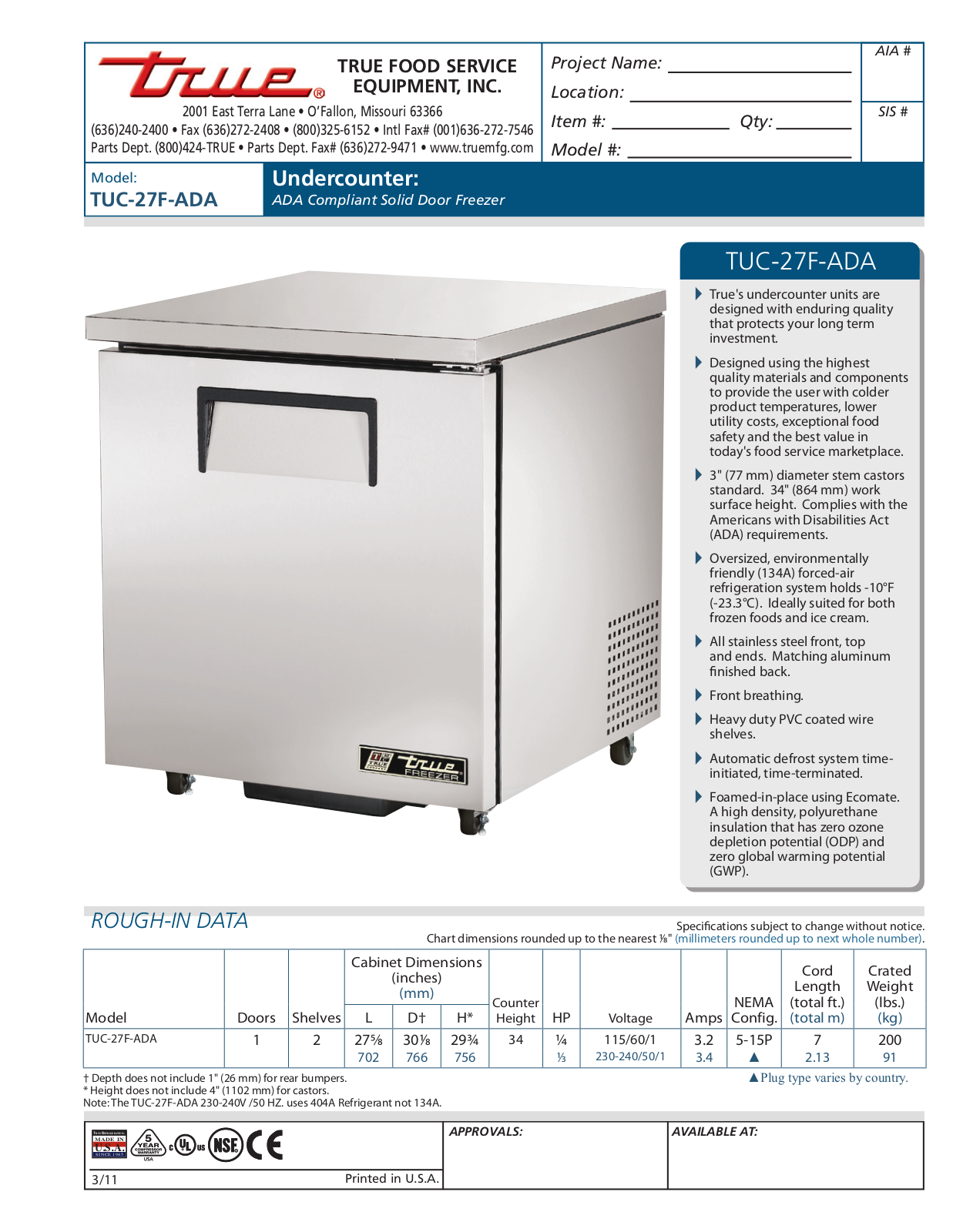 True TUC-27F-ADA User Manual