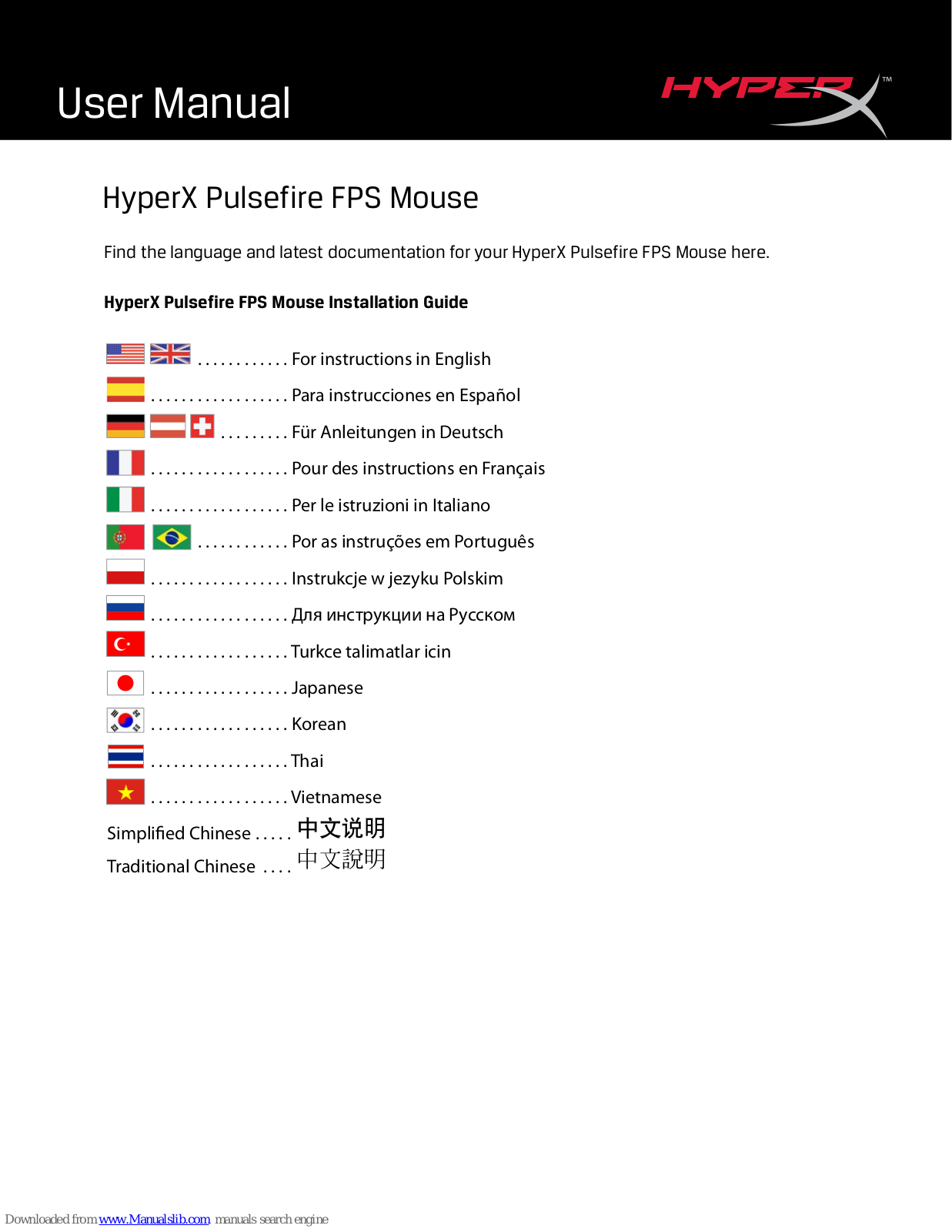 HyperX Pulsefire FPS, HX-MC001A/AM, HX-MC001A/EM, HX-MC001A/AS, HX-MC001A/EE User Manual