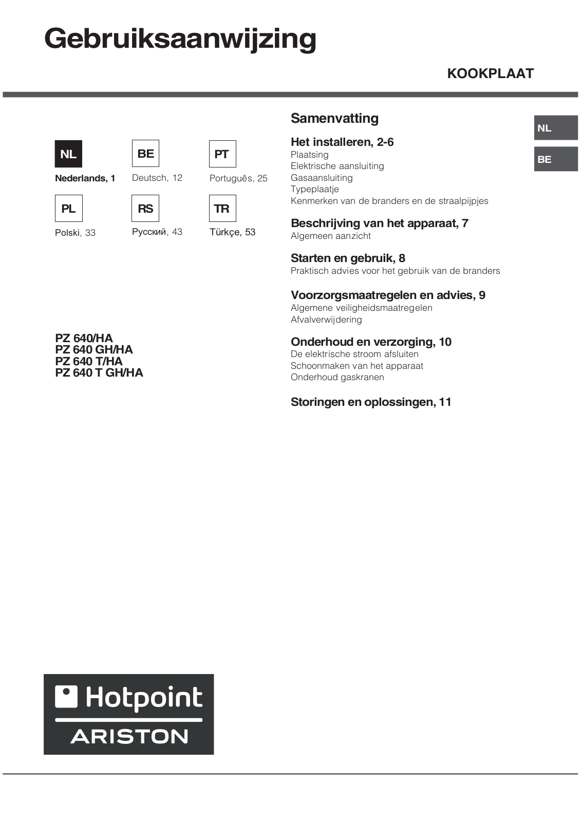 Hotpoint Ariston PZ 640 GH/HA, PZ 640 T, PZ 640, PZ 640 T GH/HA User Manual