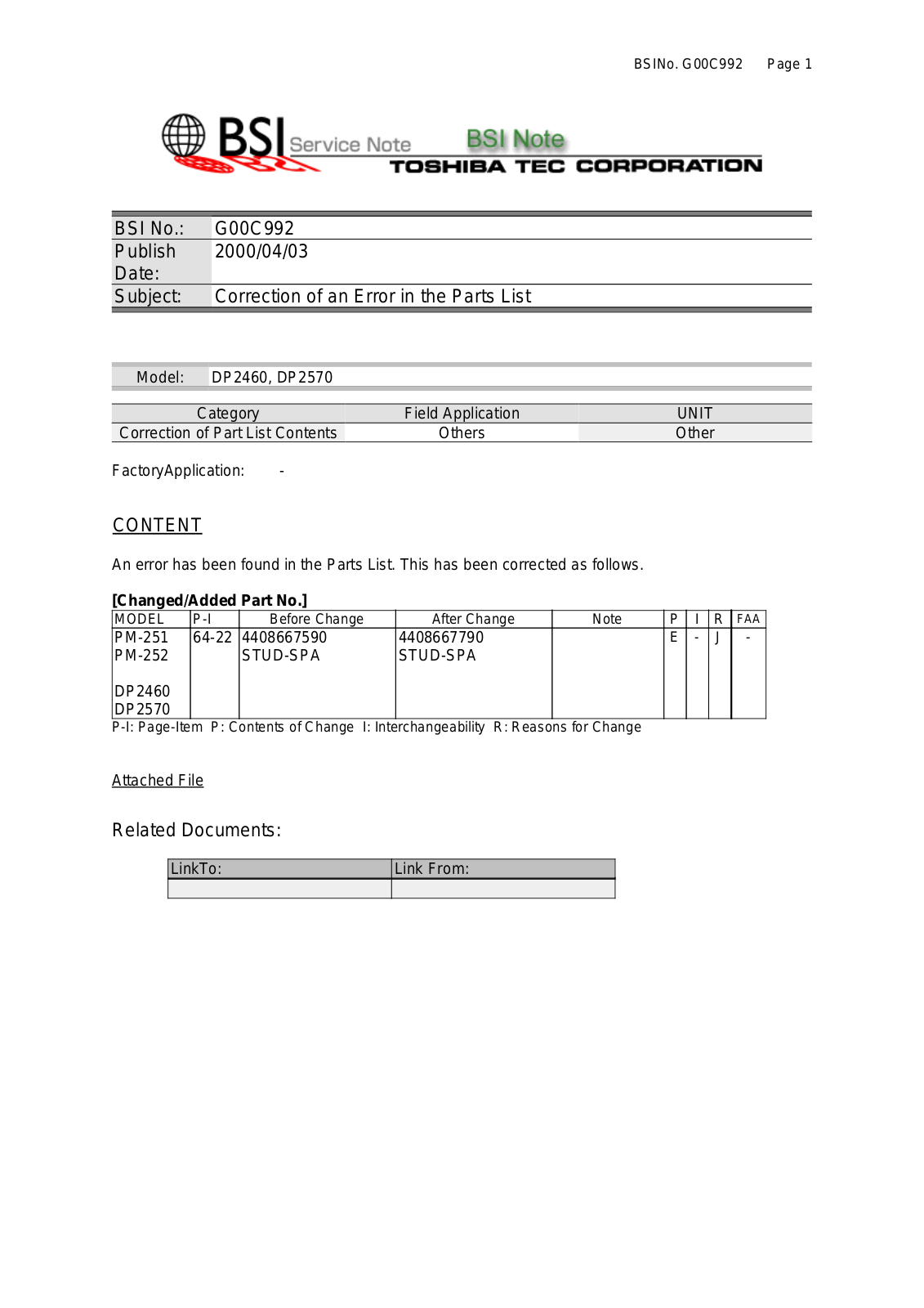 Toshiba g00c992 Service Note