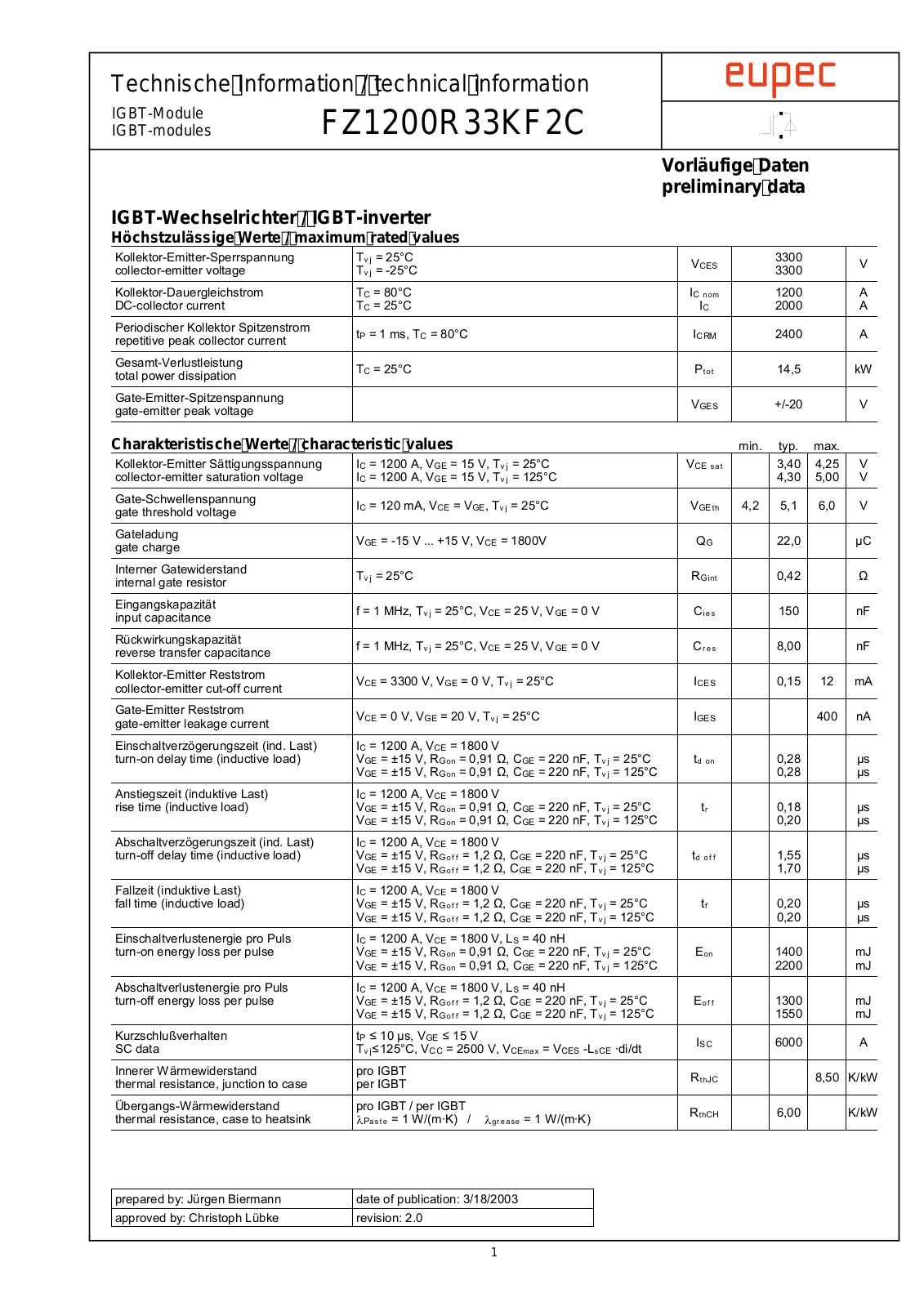 Infineon FZ1200R33KF2C Data Sheet