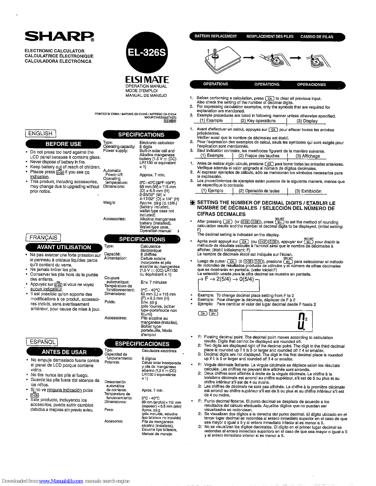 Sharp EL-326S,EL-326SB - 8 Digit Twin Power Metal Calculator Operation Manual