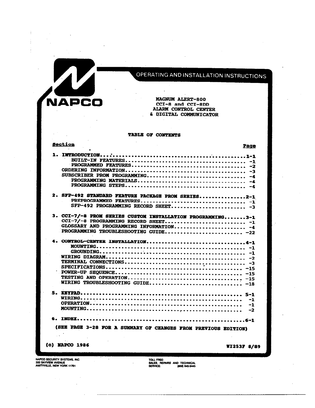 NAPCO MA800 Installation Manual