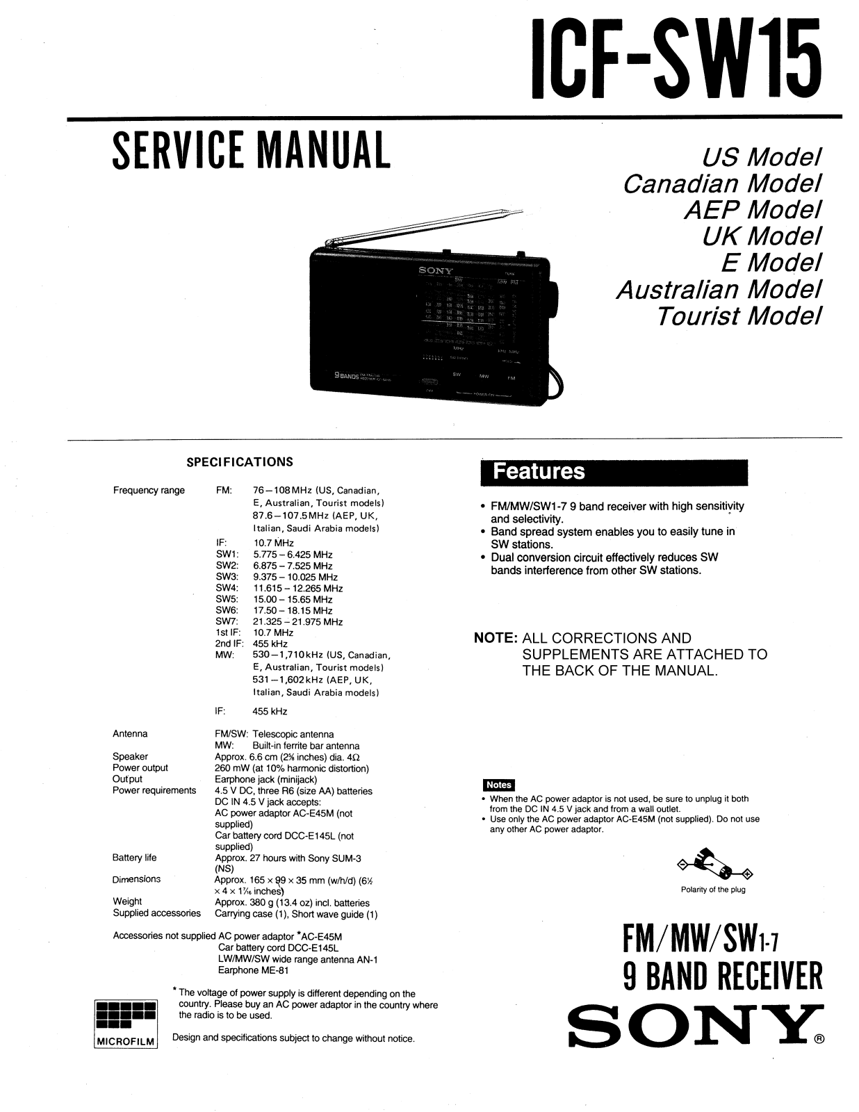 Sony ICFSW-15 Service manual