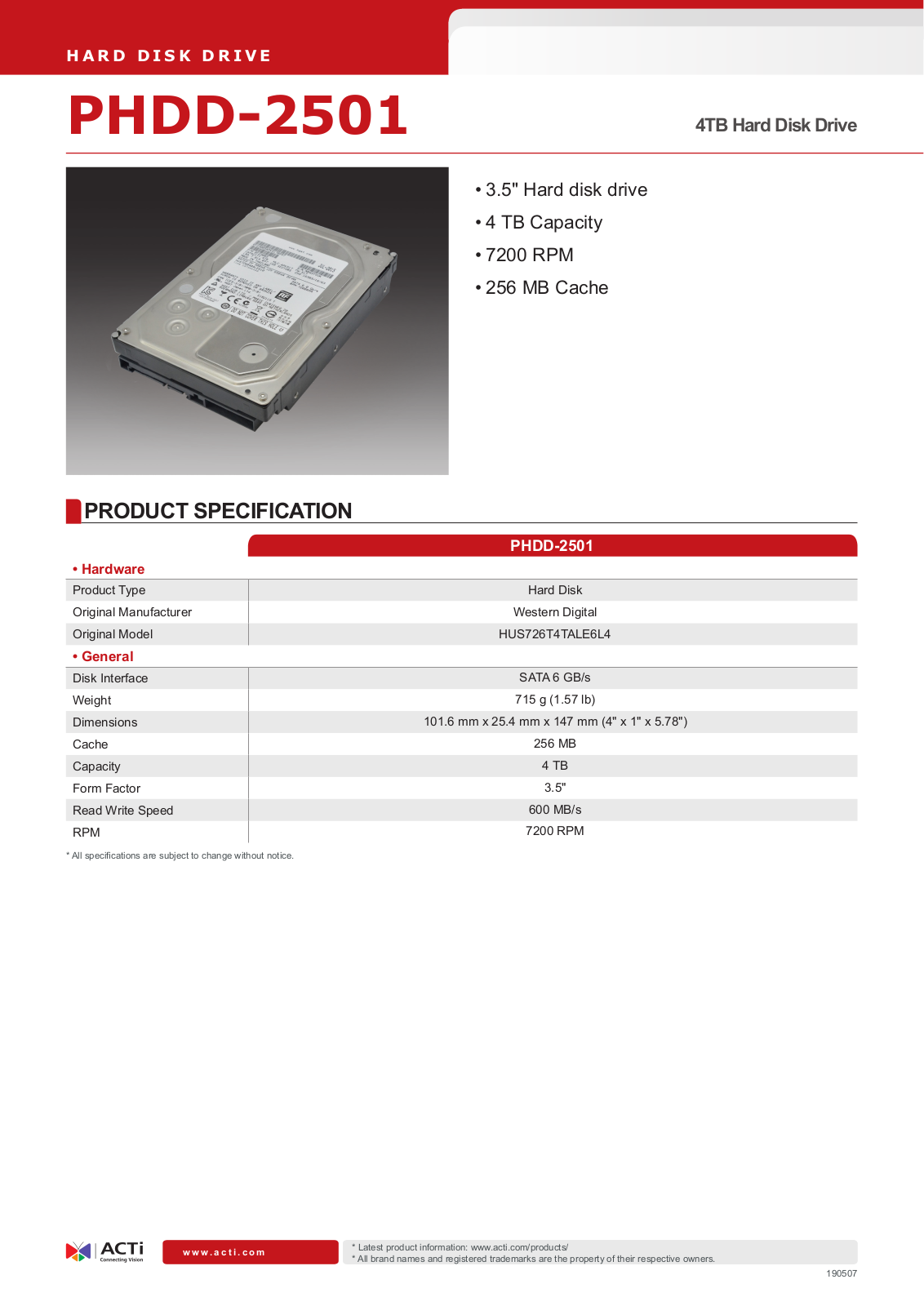 ACTi PHDD-2501 Specsheet