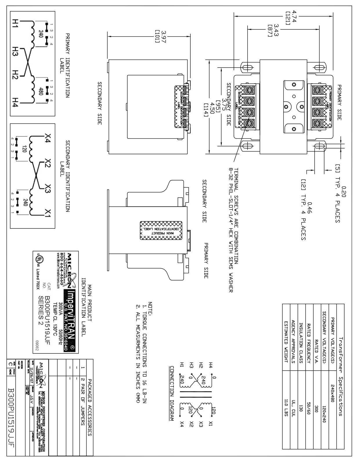 Micron Industries B300PU1519JJF Specification Sheet