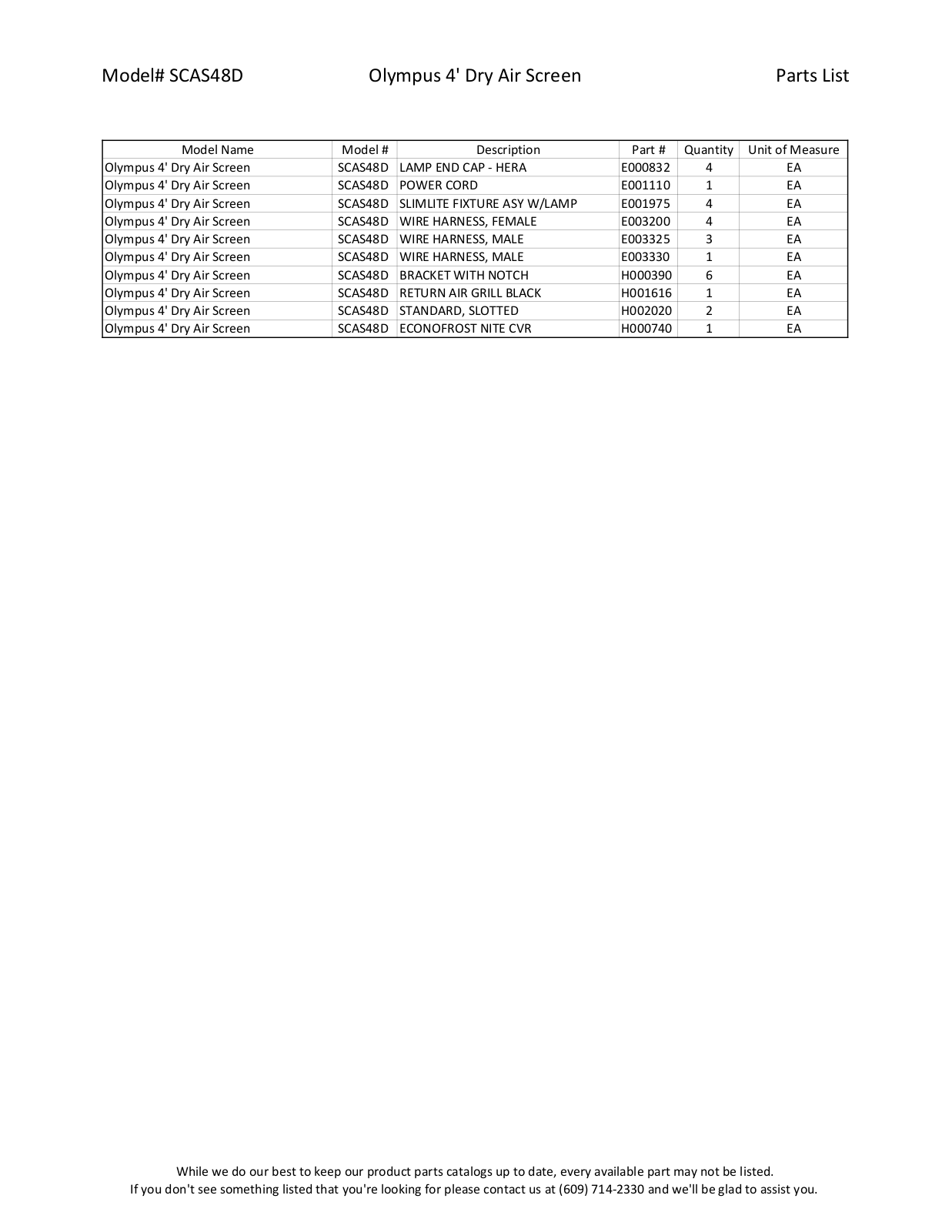 RPI Industries SCAS48D Parts List