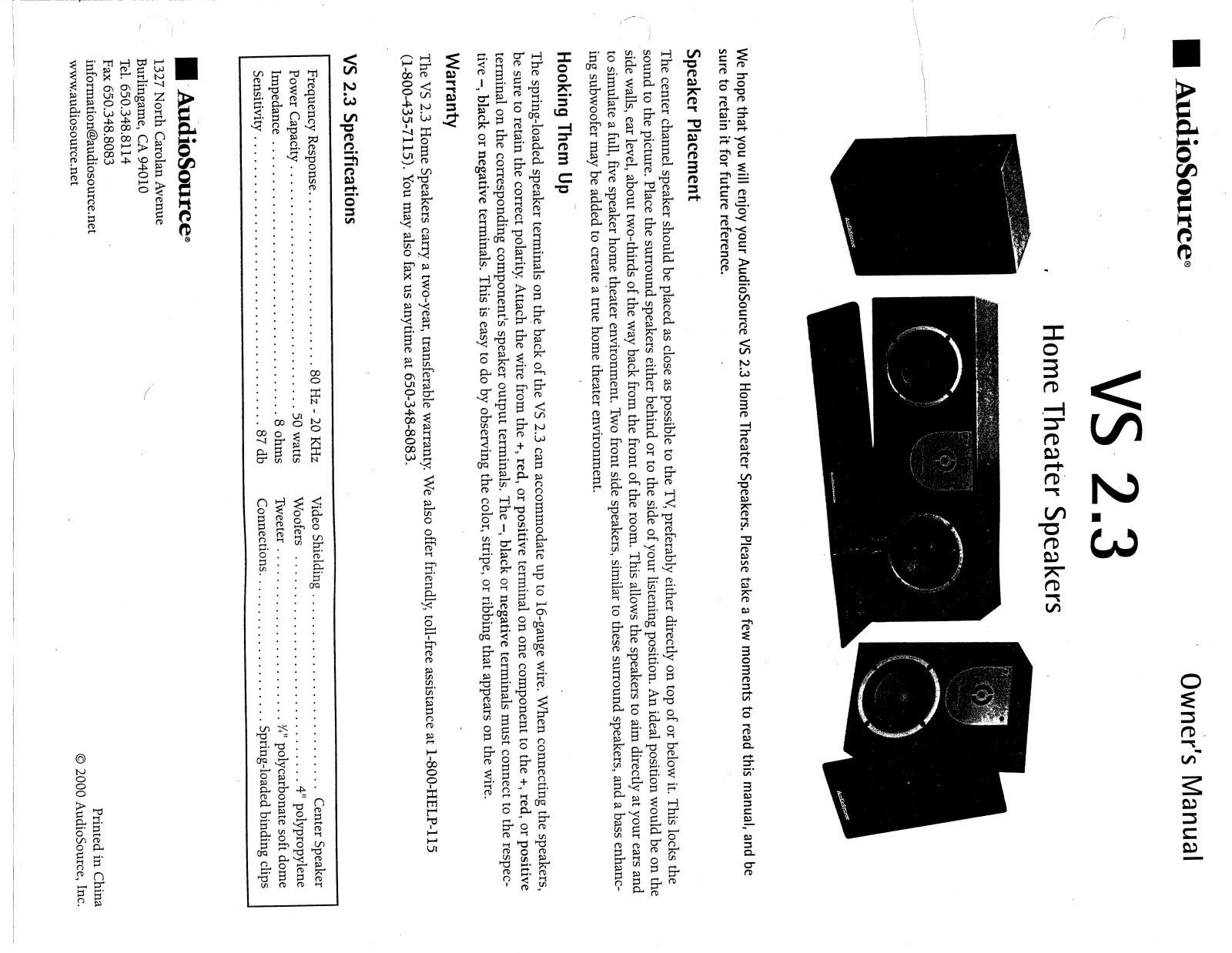 AudioSource VS 2.3, Home Theater Speakers User Manual