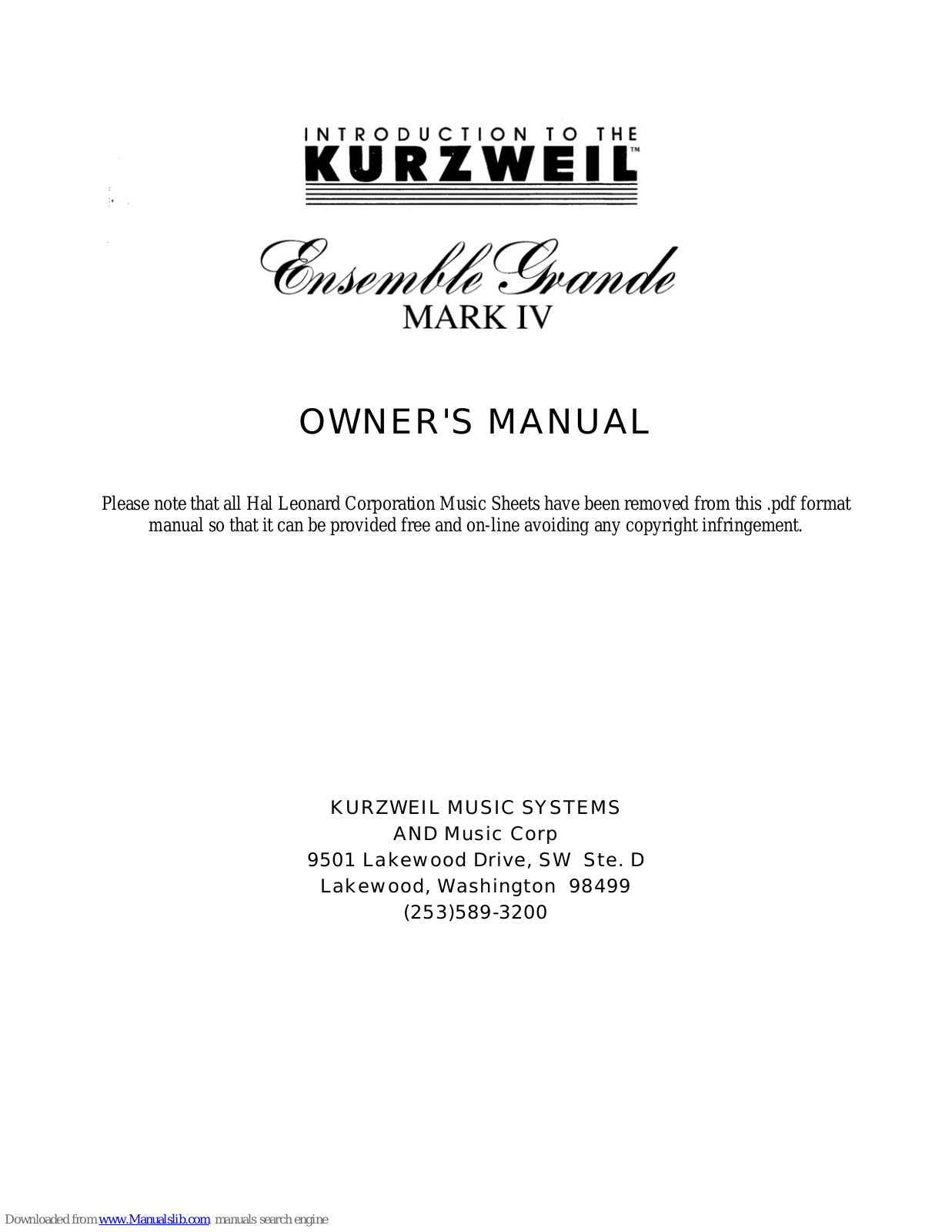 Kurzweil ENSEMBLE GRANDE MARK IV Owner's Manual