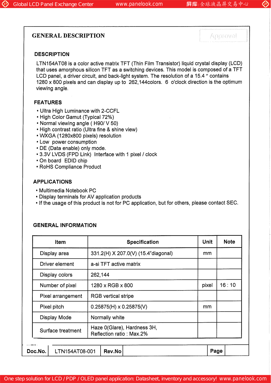 SAMSUNG LTN154AT08-001 Specification