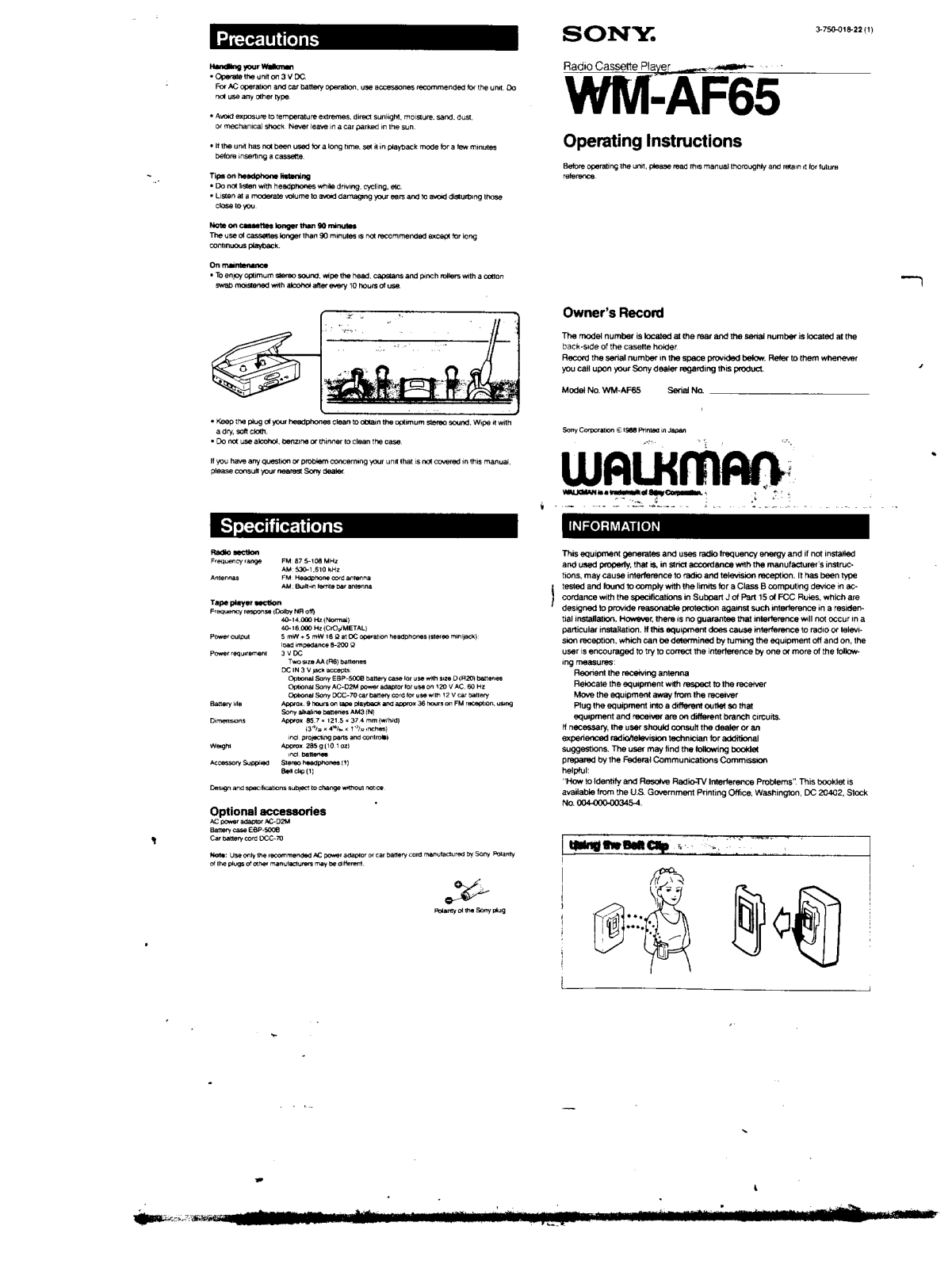 Sony WM-AF65 User Manual