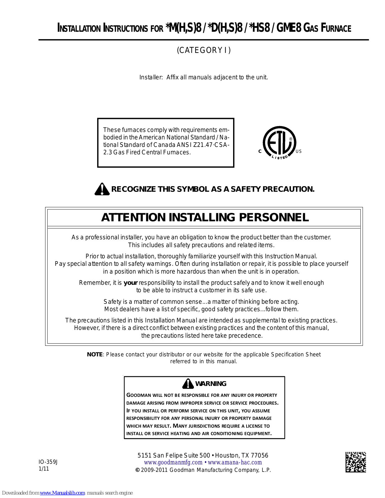 Goodman *MH80453A, *MS80453A, *MH80703A, *MS80703A, *MH80704B Installation Instructions Manual