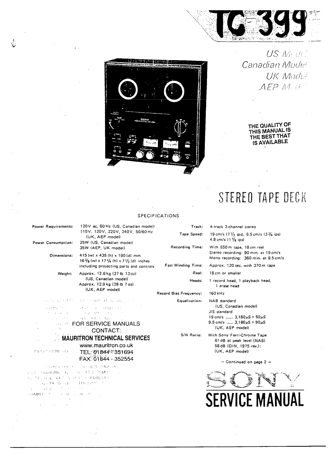 Sony TC-399 Service manual