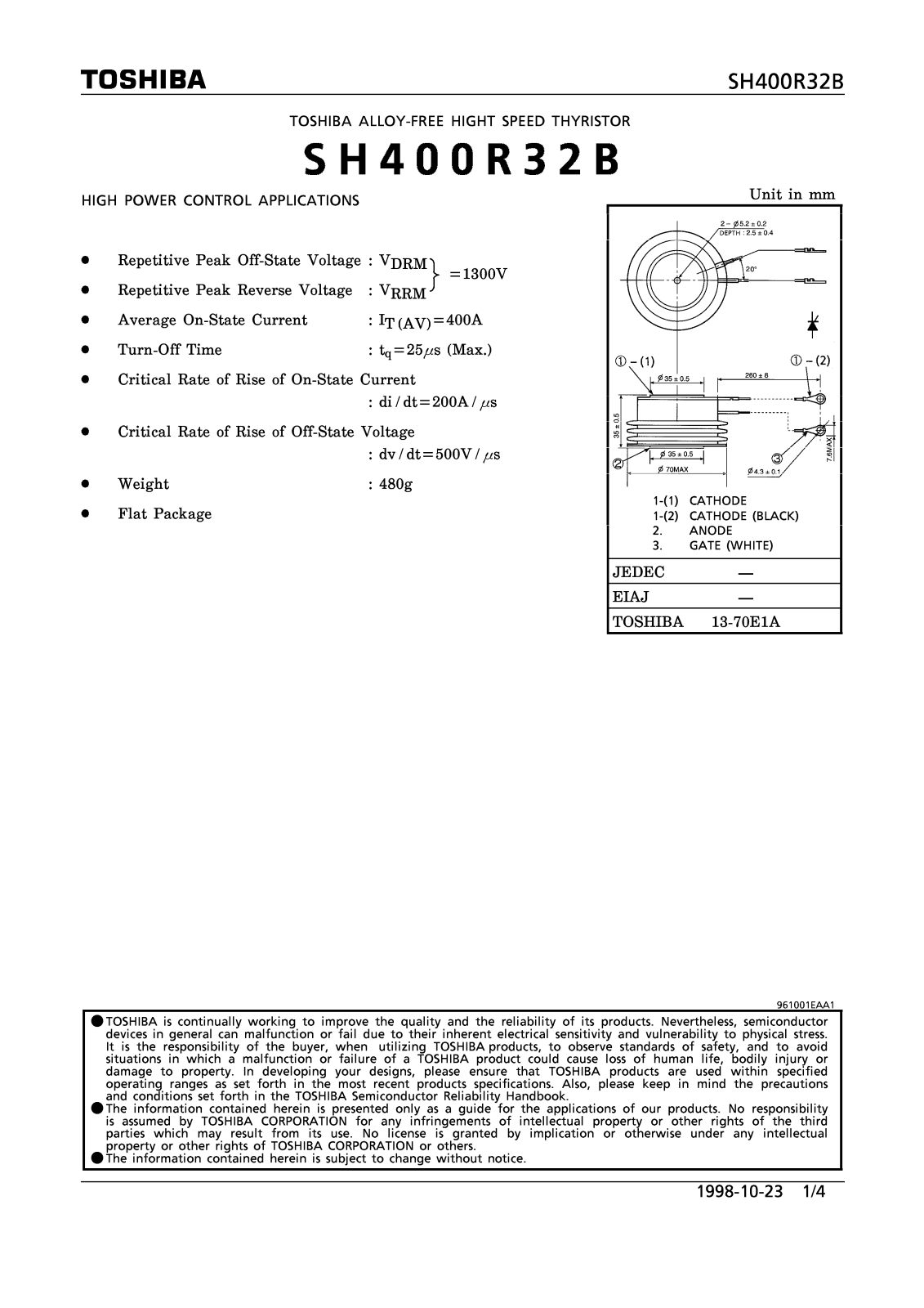 TOSHIBA SH400R32B Technical data