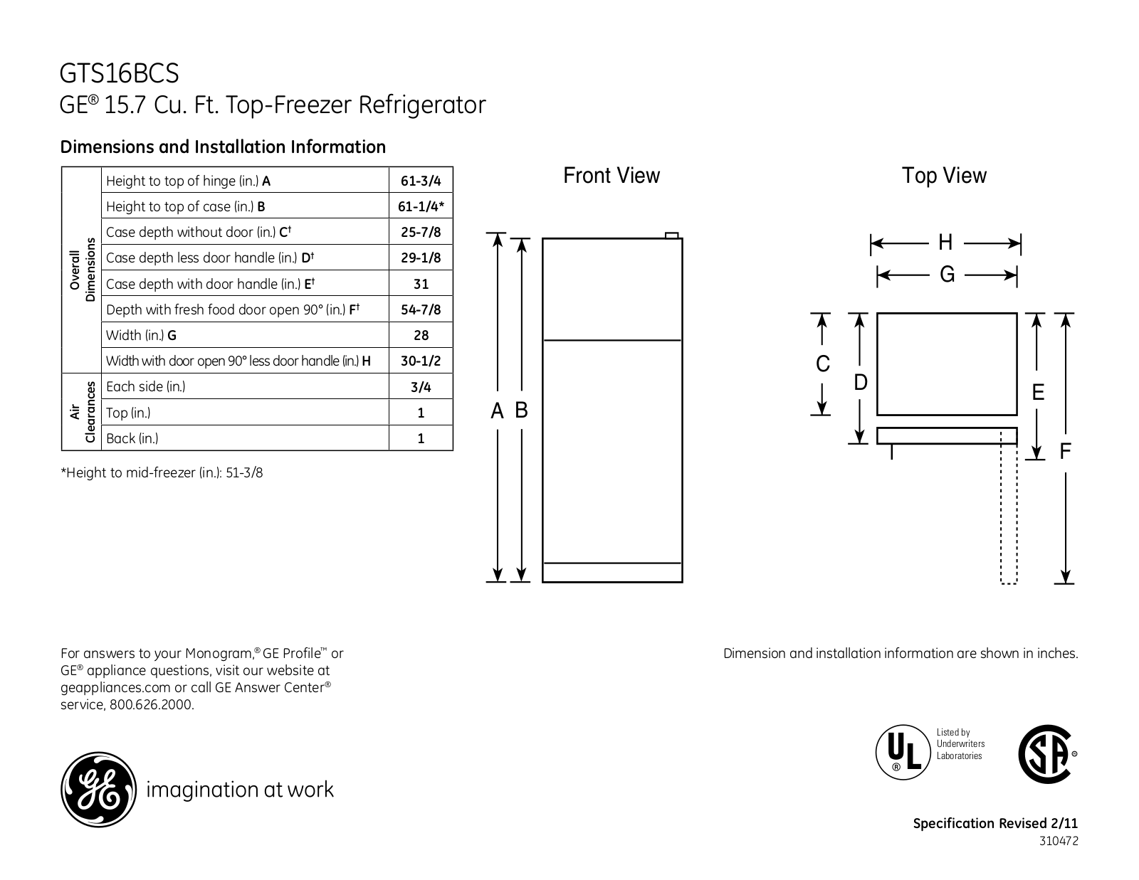 GE GTS16BCS Specification