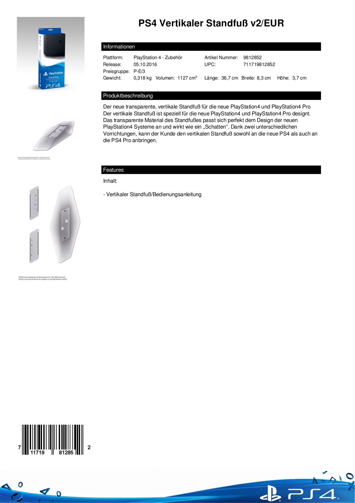 Sony PlayStation 4 Vertical Stand Technical data