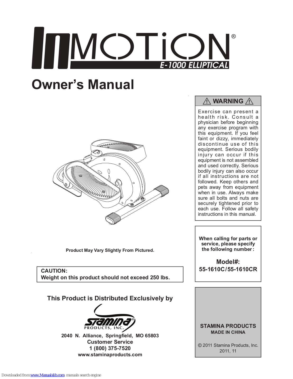 Stamina In Motion E-1000, 55-1610C, 55-1610CR Owner's Manual