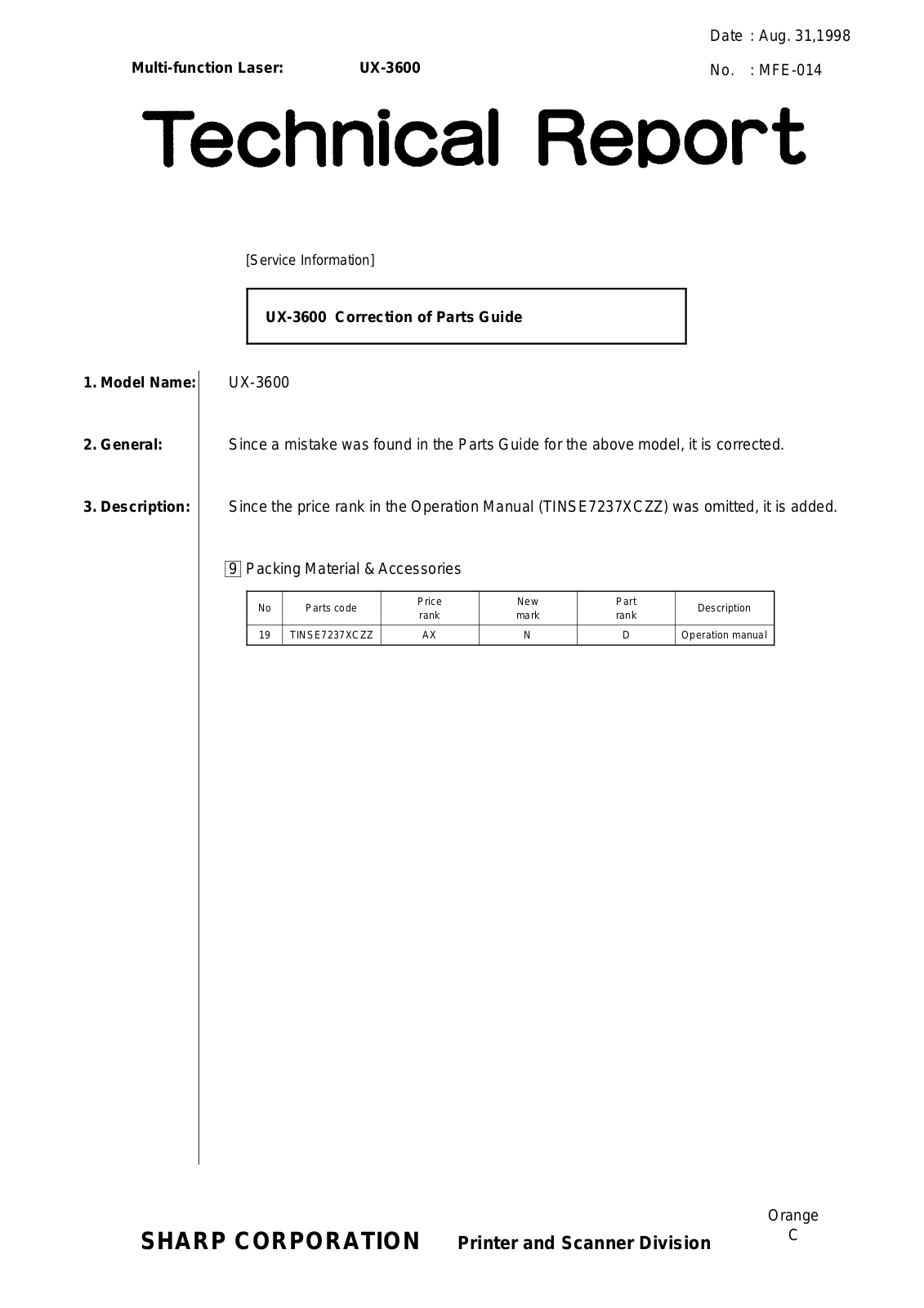 SHARP MFE014 Technical Report