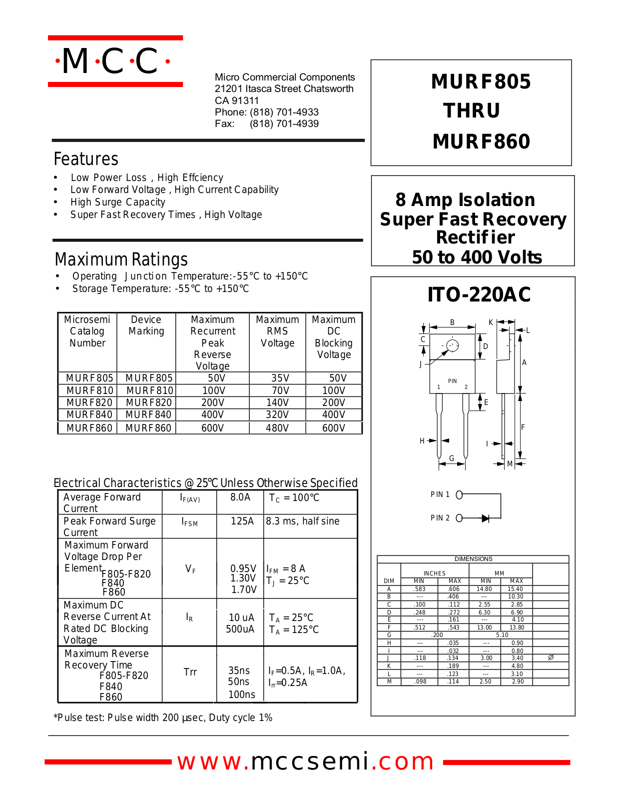 MCC MURF810, MURF860, MURF820 Datasheet