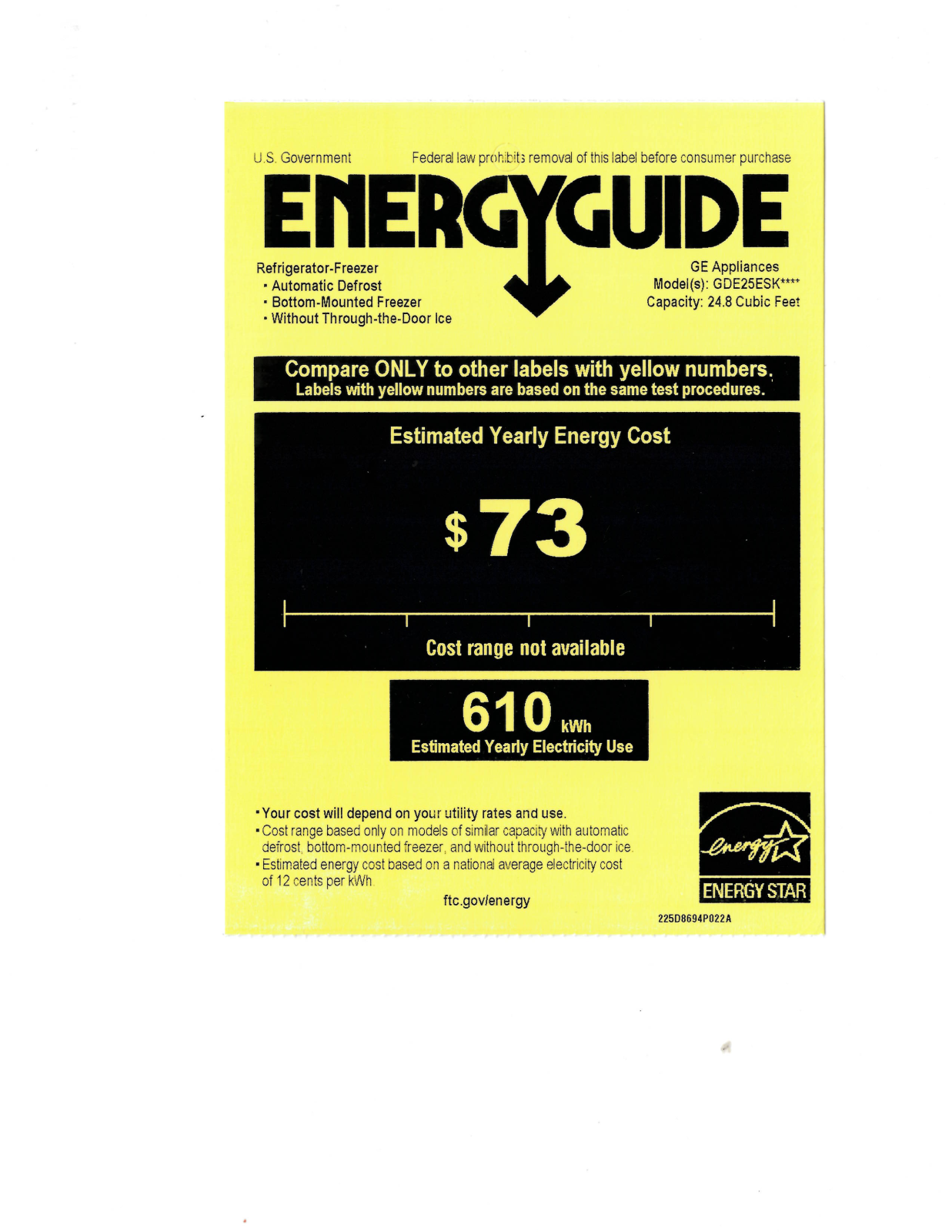 General Electric GDE25EGKBB Energy Guide