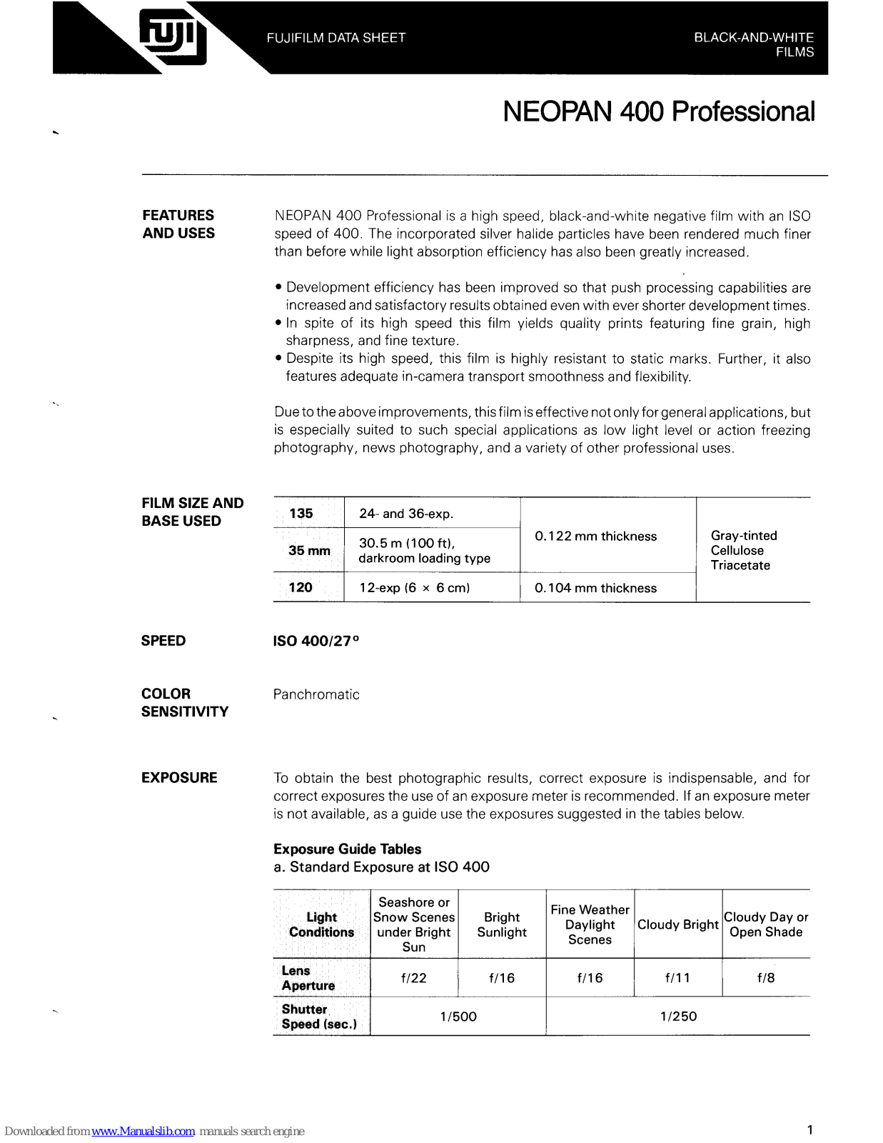 FujiFilm neopan 400 professional Datasheet