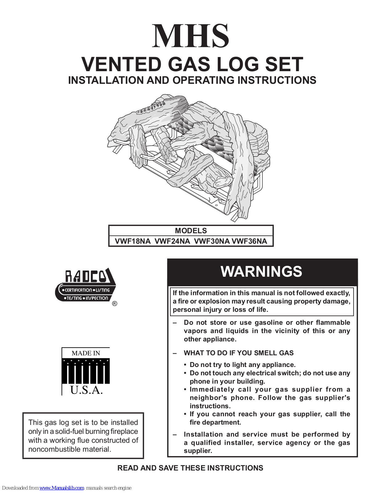 Monessen Hearth VWF18NA, VWF24NA, VWF30NA, VWF36NA Installation And Operating Instructions Manual