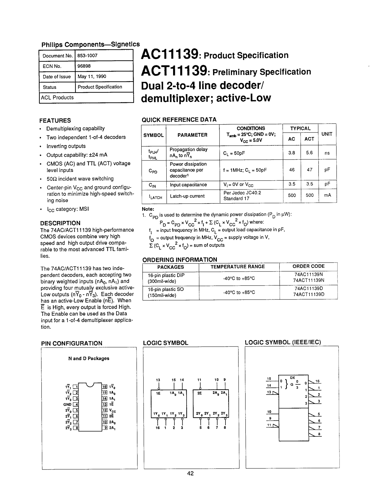 Philips 74ACT11139N, 74ACT11139D, 74AC11139N Datasheet